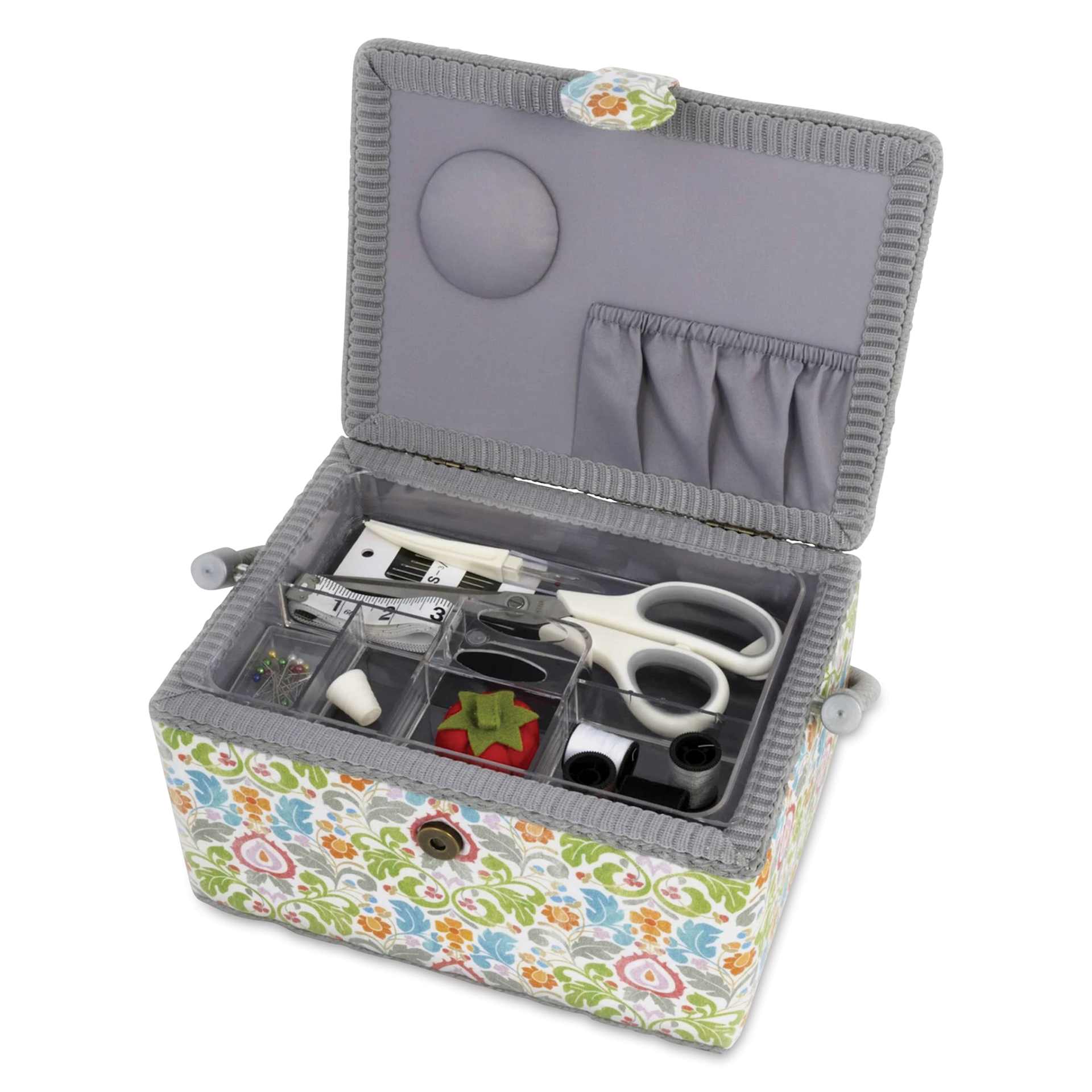 Dritz Essential Sewing Basket Kit, opened lid showing how the components fit.