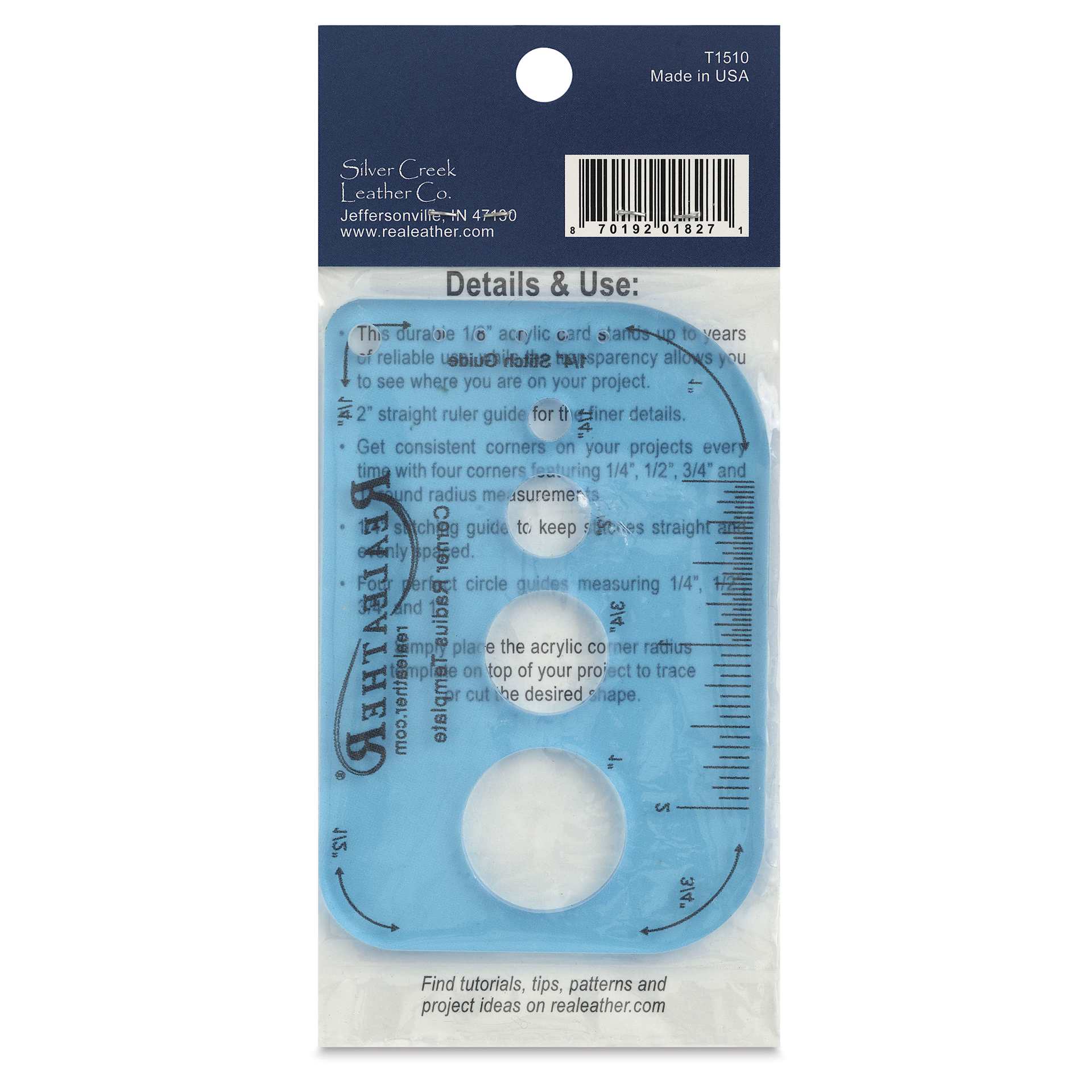 Realeather Corner Radius Template Tool & Stitch Guide - back of packaging