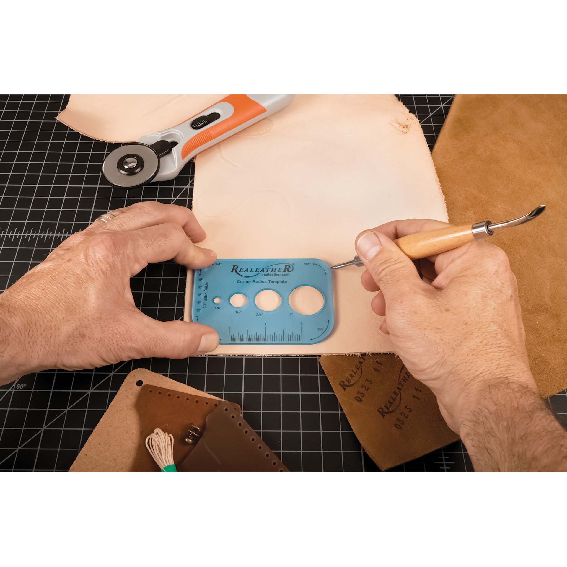 Realeather Corner Radius Template Tool & Stitch Guide - in use