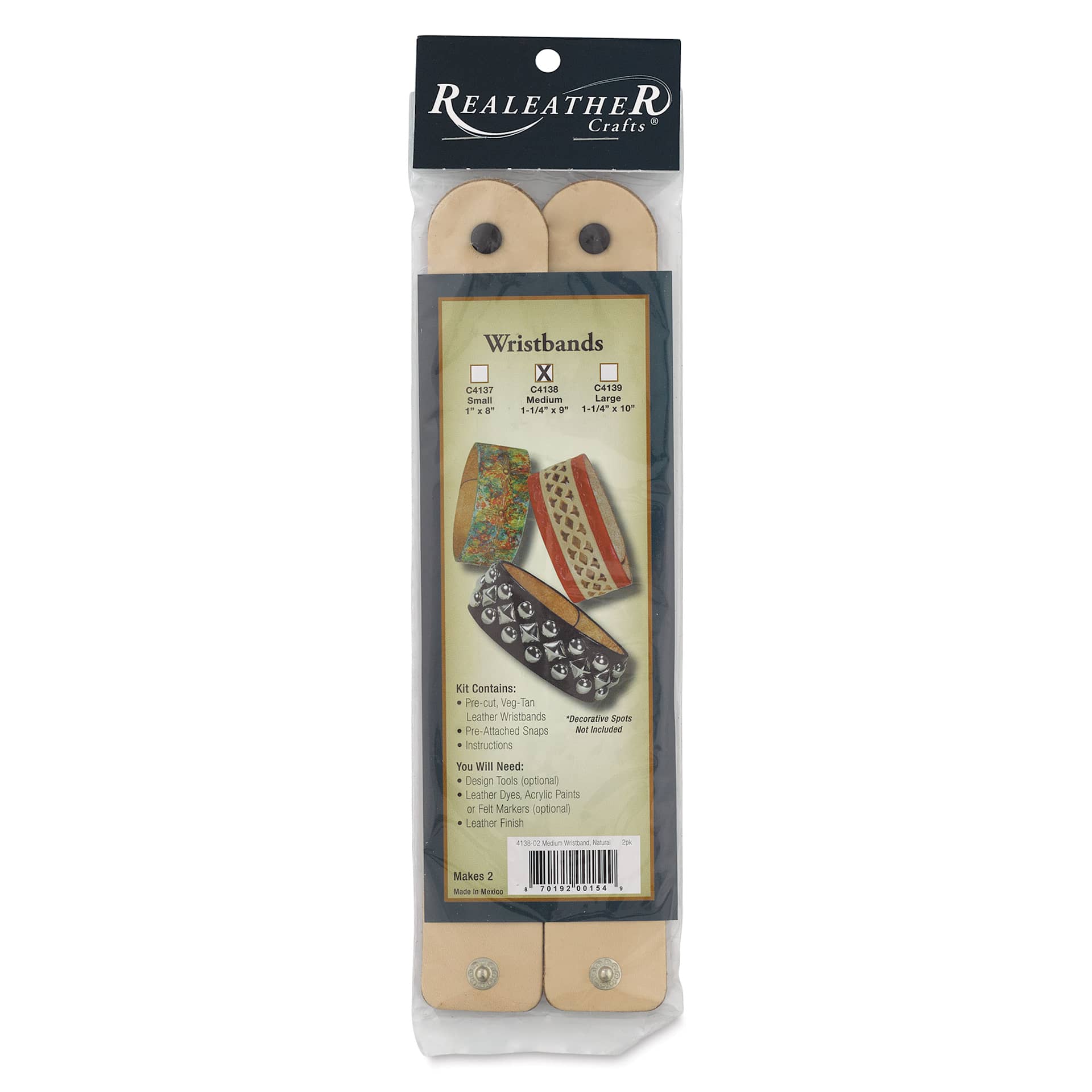Realeather Leather Wristbands - Natural, Pkg of 2, front of the packaging