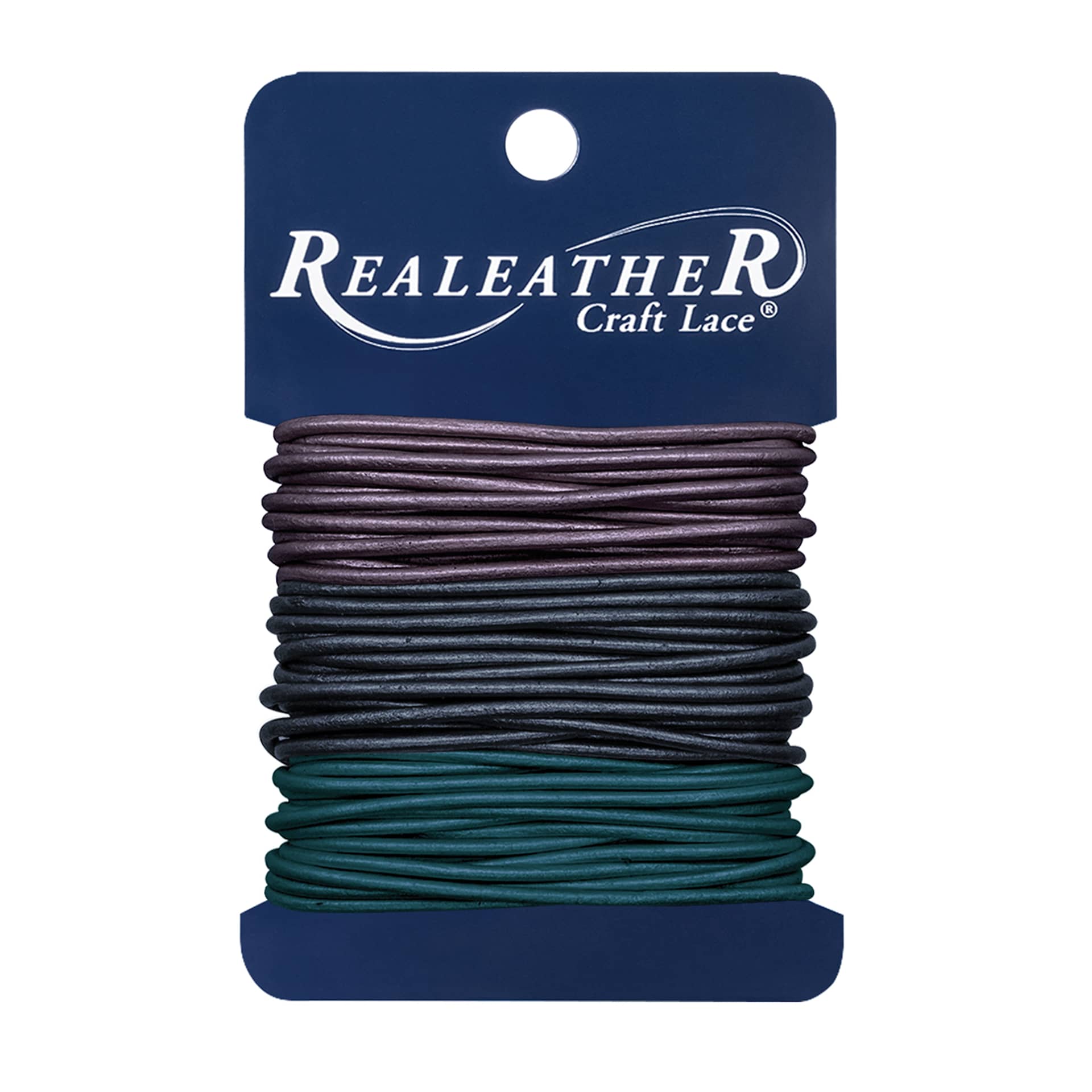 Realeather Round Leather Lace - Purple/Navy/Teal, 2 mm x 8 yds, on card
