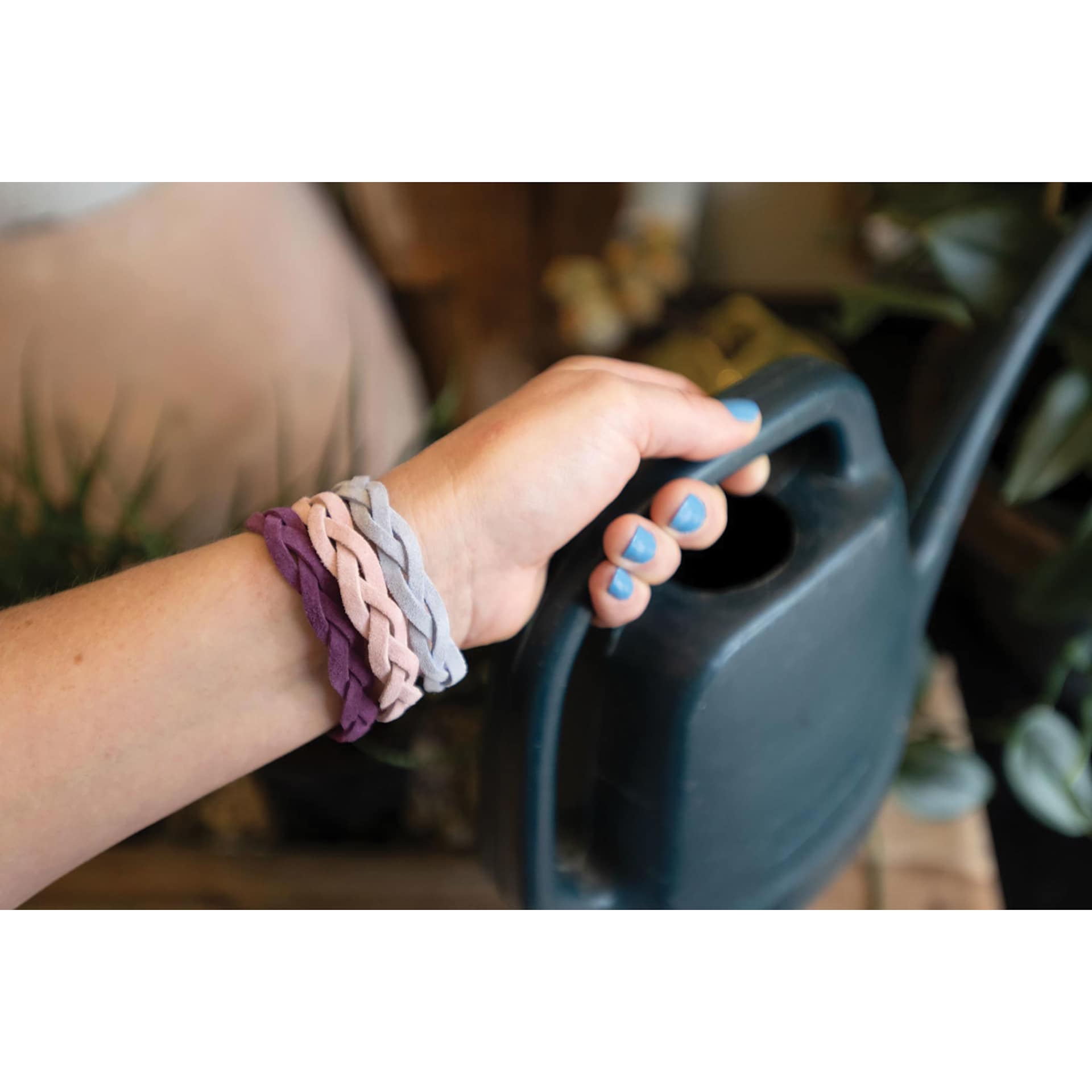 Realeather Suede Mystery Braid Bracelets, three finished bracelets on wrist