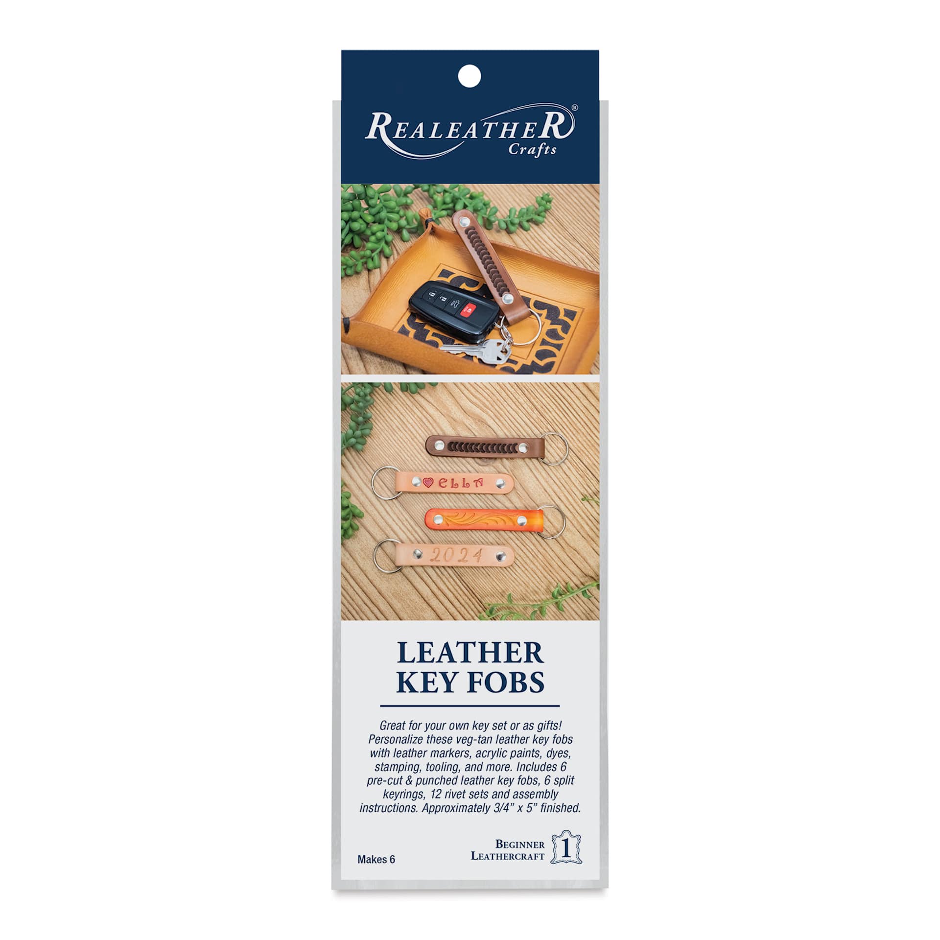Personalize these veg-tan leather key fobs with leather markers, acrylic paints, dyes, stamping, tooling, and more. Includes 6 pre-cut & punched leather key fobs, 6 split keyrings, 12 rivet sets and assembly instructions. Approximately 3/4" x 5" finished. 