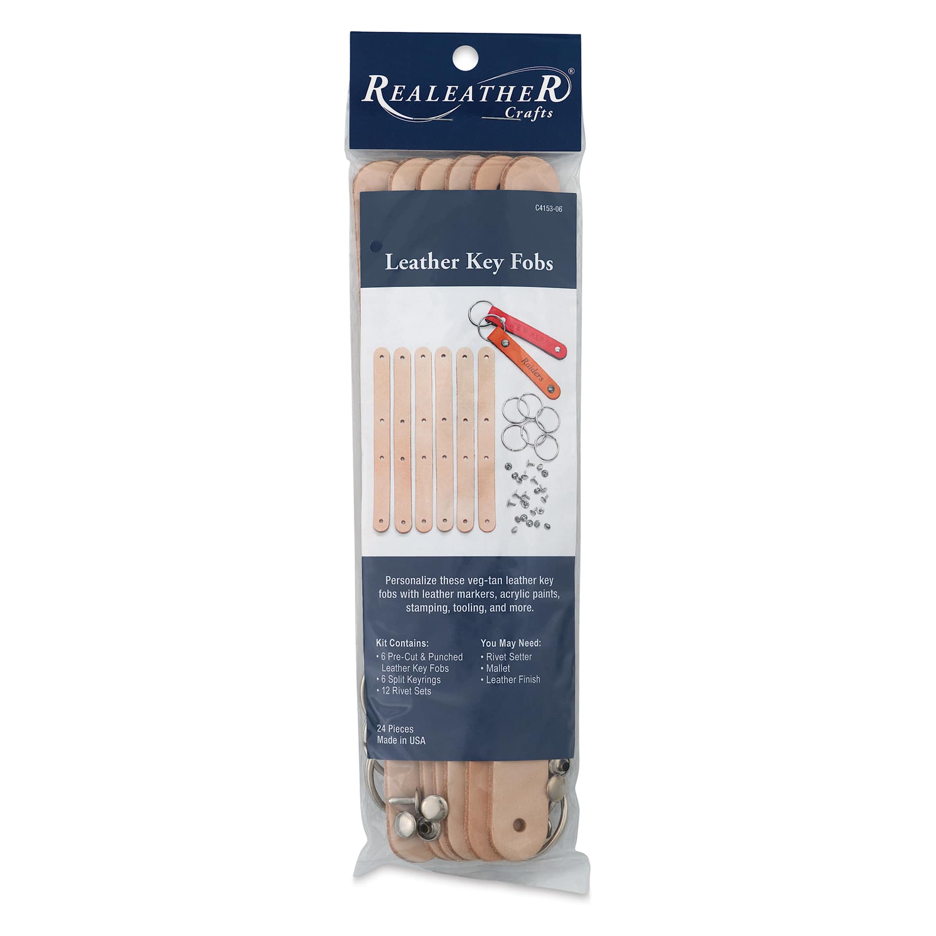 Realeather Leather Key Fobs - 5" x 3/4", Kit of 24, front of the packaging