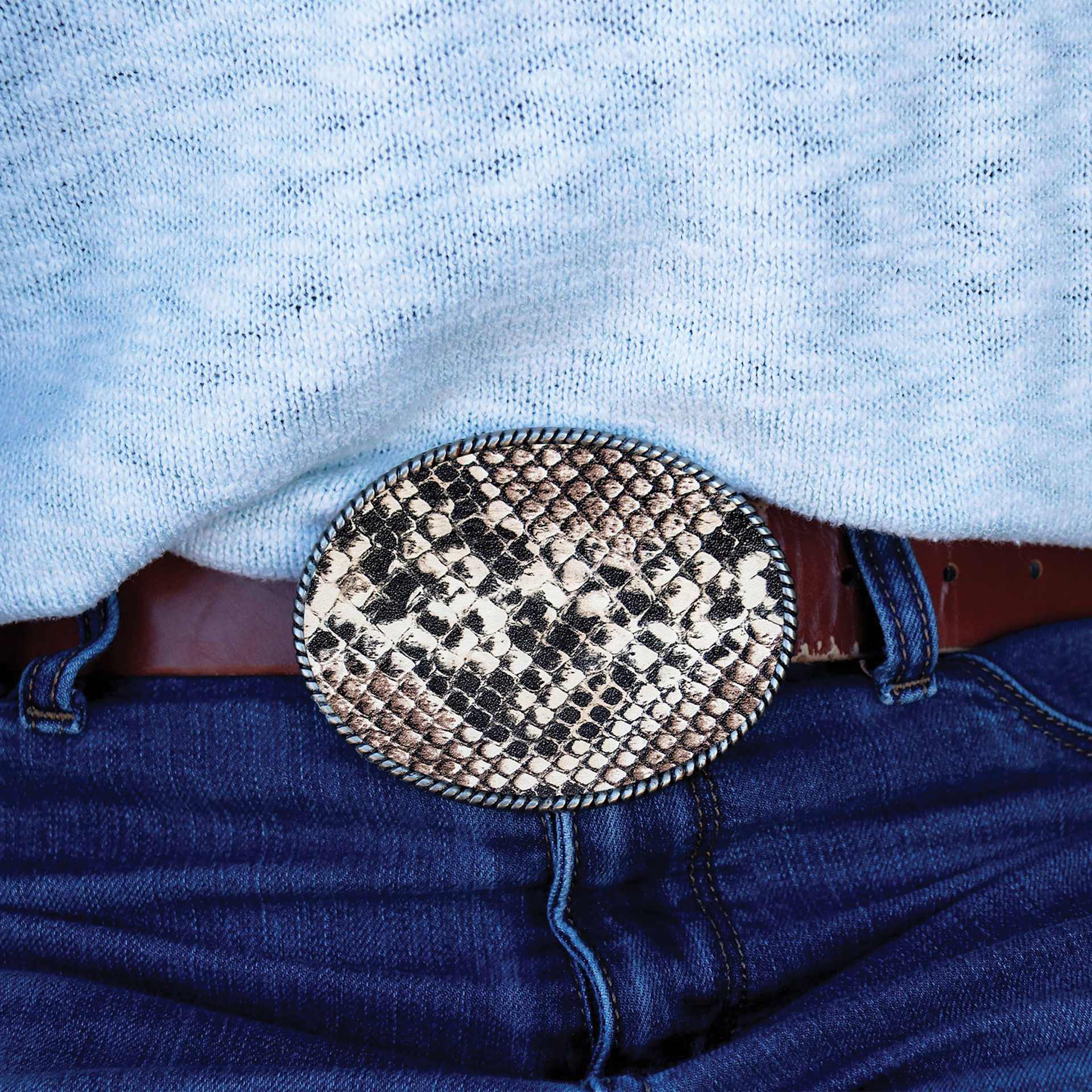 Realeather Printed Leather Trim - Python Taupe, belt buckle made with trim