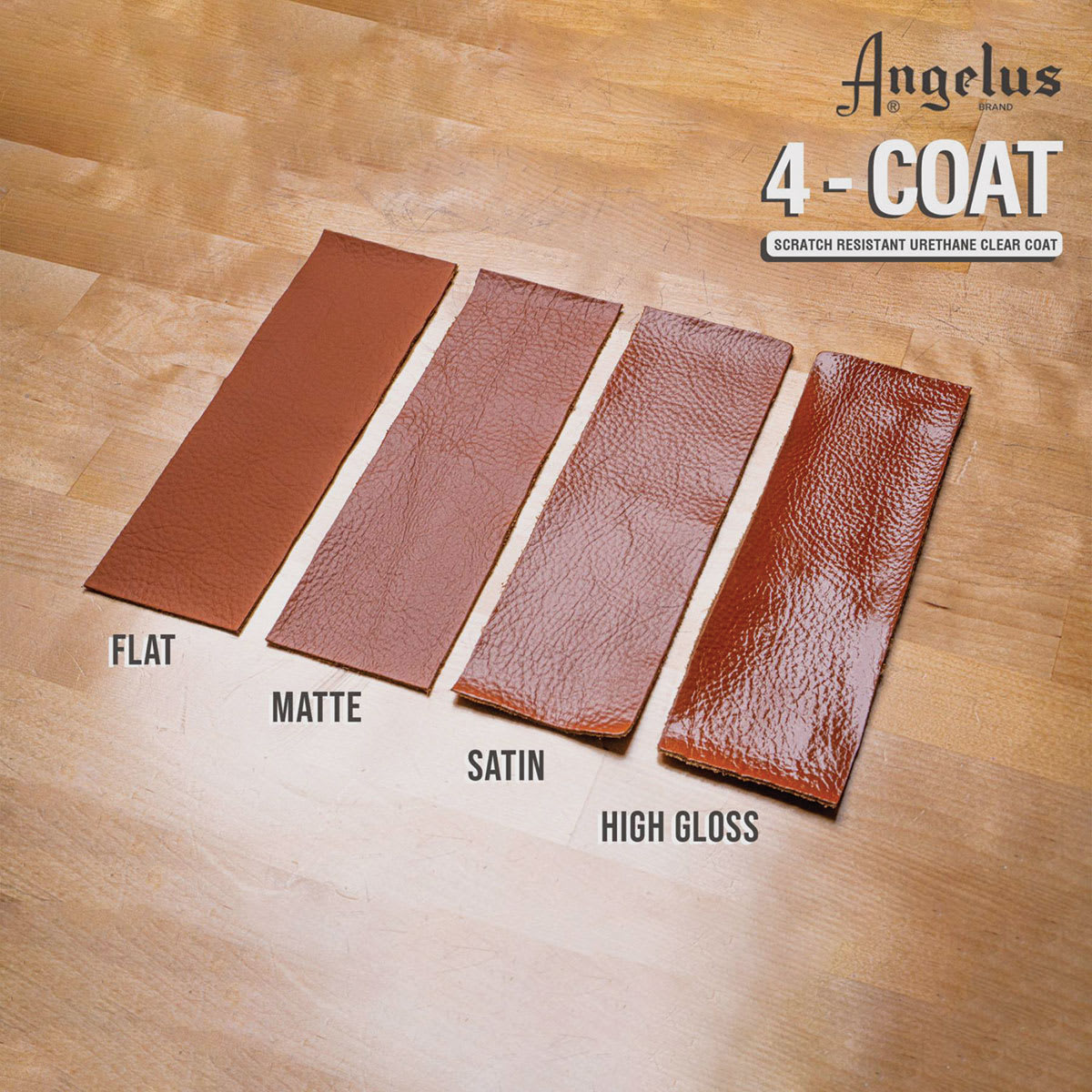 Angelus 4-Coat Urethane Clear Coat (Leather strips with flat, matte, satin, and high gloss topcoats)