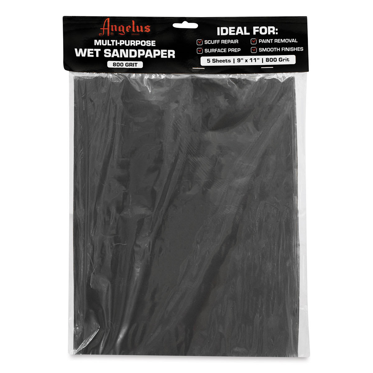 Angelus Multi-Purpose Wet Sandpaper - Package of 5 Sheets, 9" x 11", 800 Grit (Front of packaging)