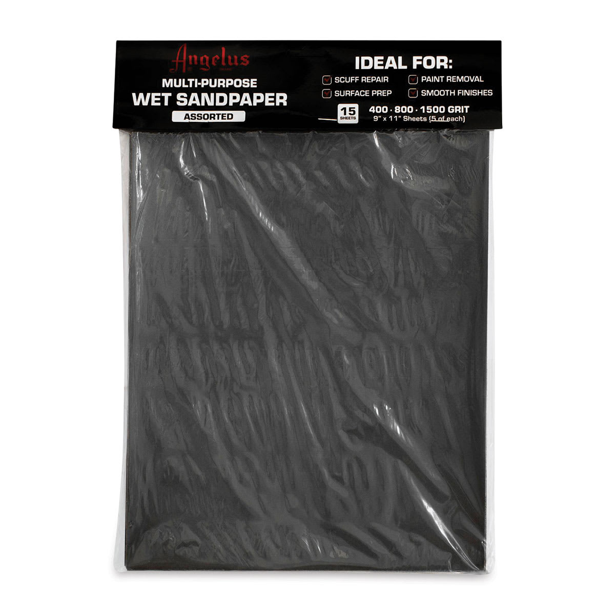 Angelus Multi-Purpose Wet Sandpaper - Package of 15 Sheets, 9" x 11", Assorted Grit (Front of packaging)