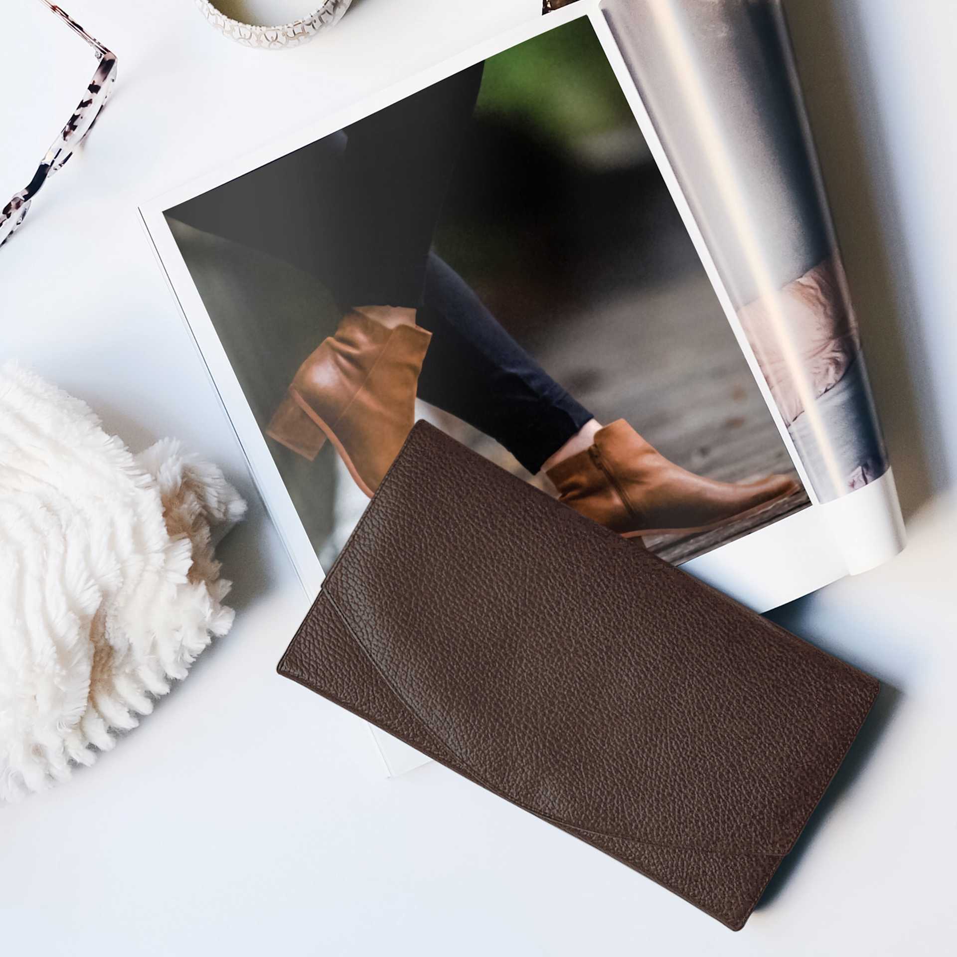 Realeather Deertan Leather Trim - Dark Brown, 11" x 8-1/2", on desk