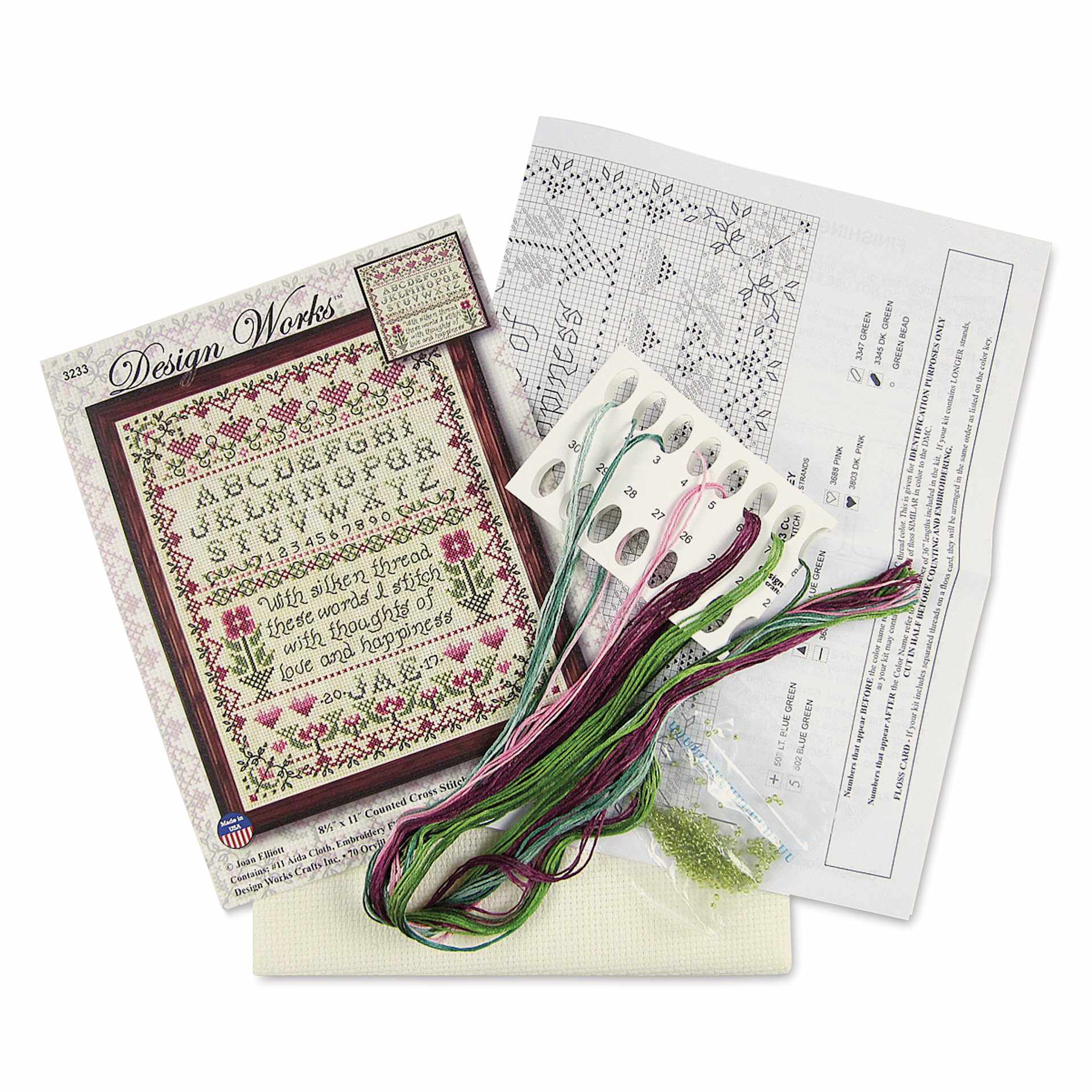 Design Works Counted Cross Stitch Kit - Stitcher Sampler, 8-1/2" x 11" - contents