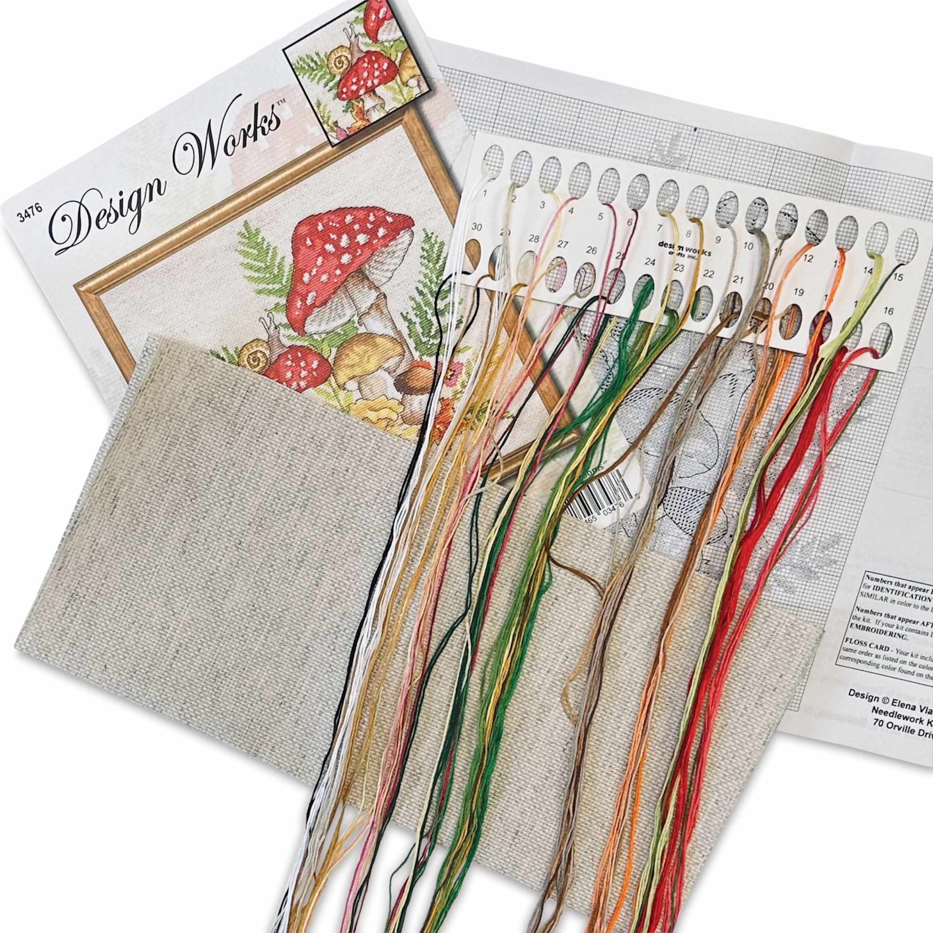 Design Works Counted Cross Stitch Kit - Mushrooms, 10" x 10" - contents