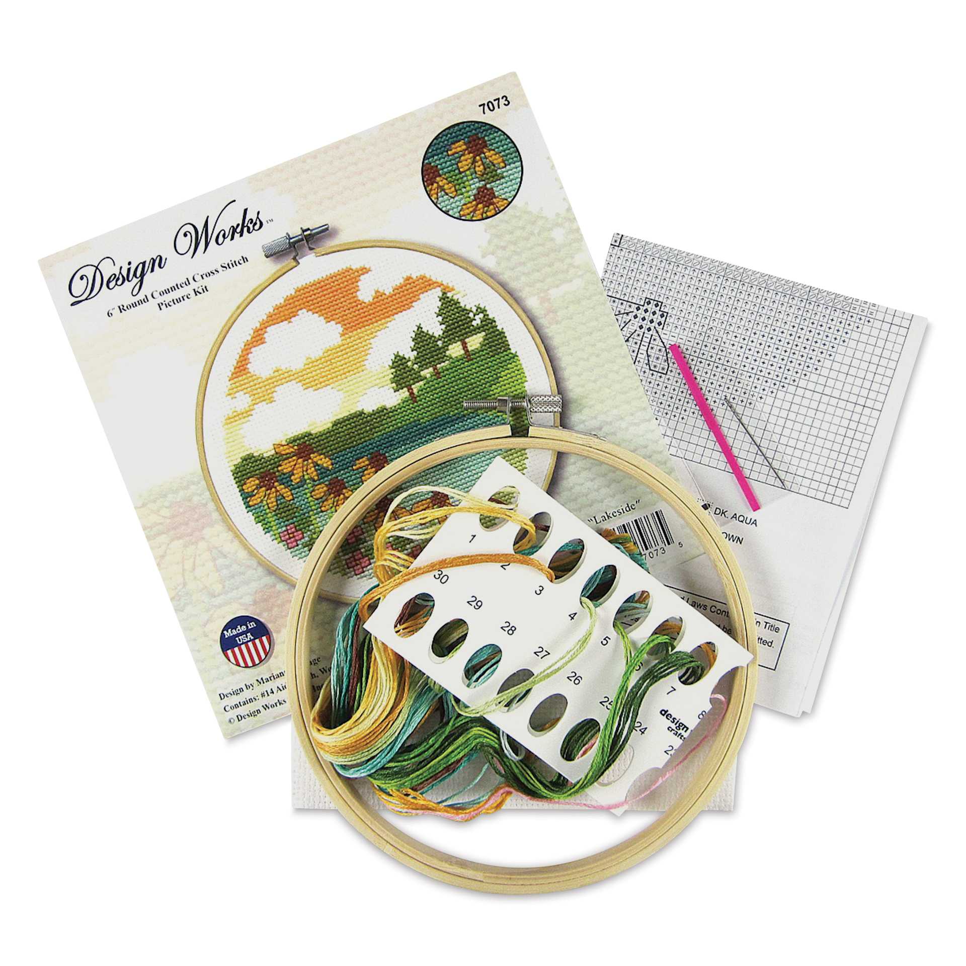 Design Works Counted Cross Stitch Kit - Lakeside, 6" - contents