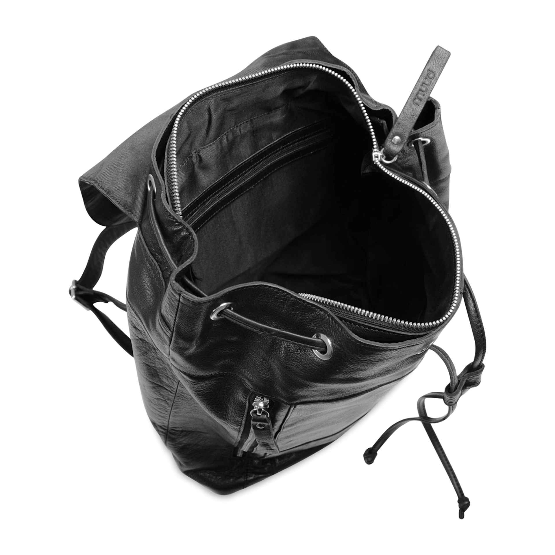 Muud Gimo Leather Backpack - Black - open with zipper shown