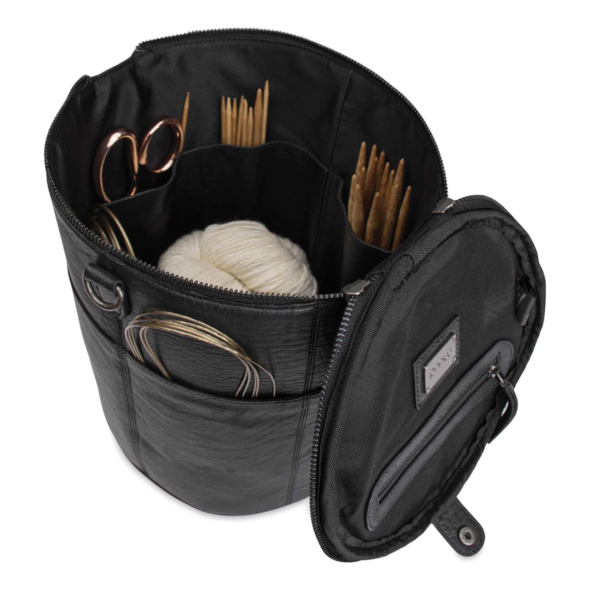 Muud Saturn XL Leather Needlework Project Bag - Black - open, holding materials (not included)