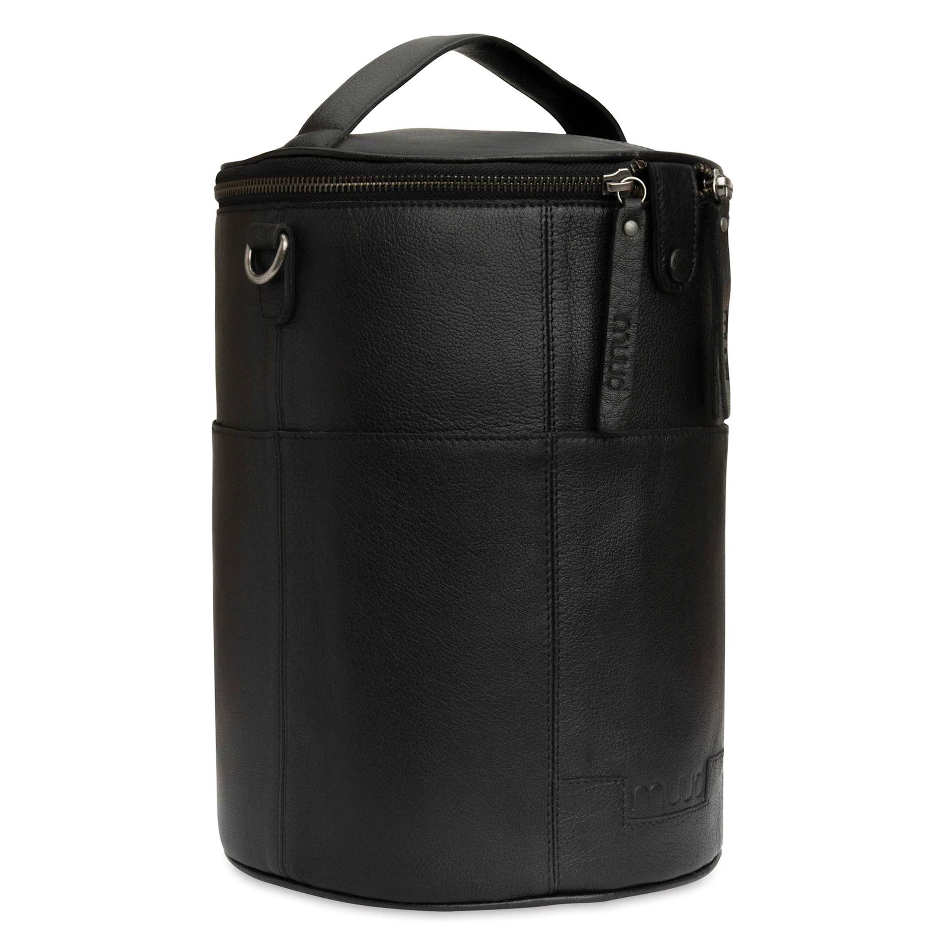 Muud Saturn XL Leather Needlework Project Bag - Black - front, angled
