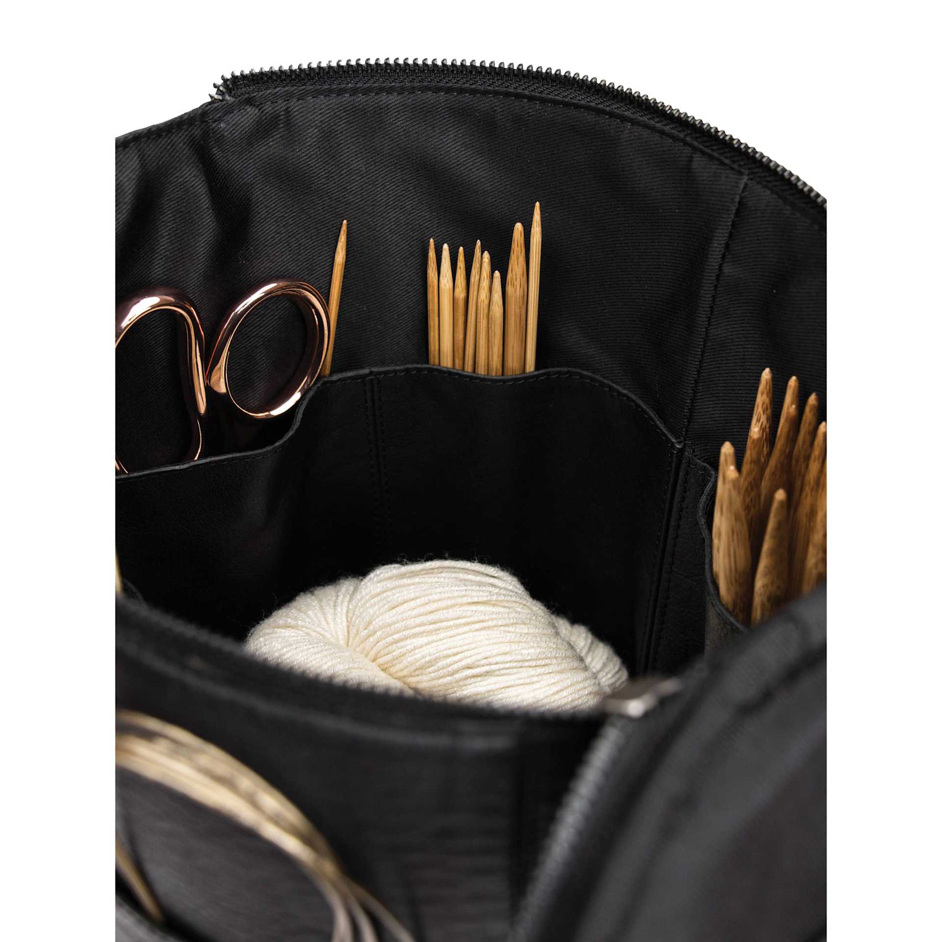 Muud Saturn XL Leather Needlework Project Bag - Black - holding materials (not included)