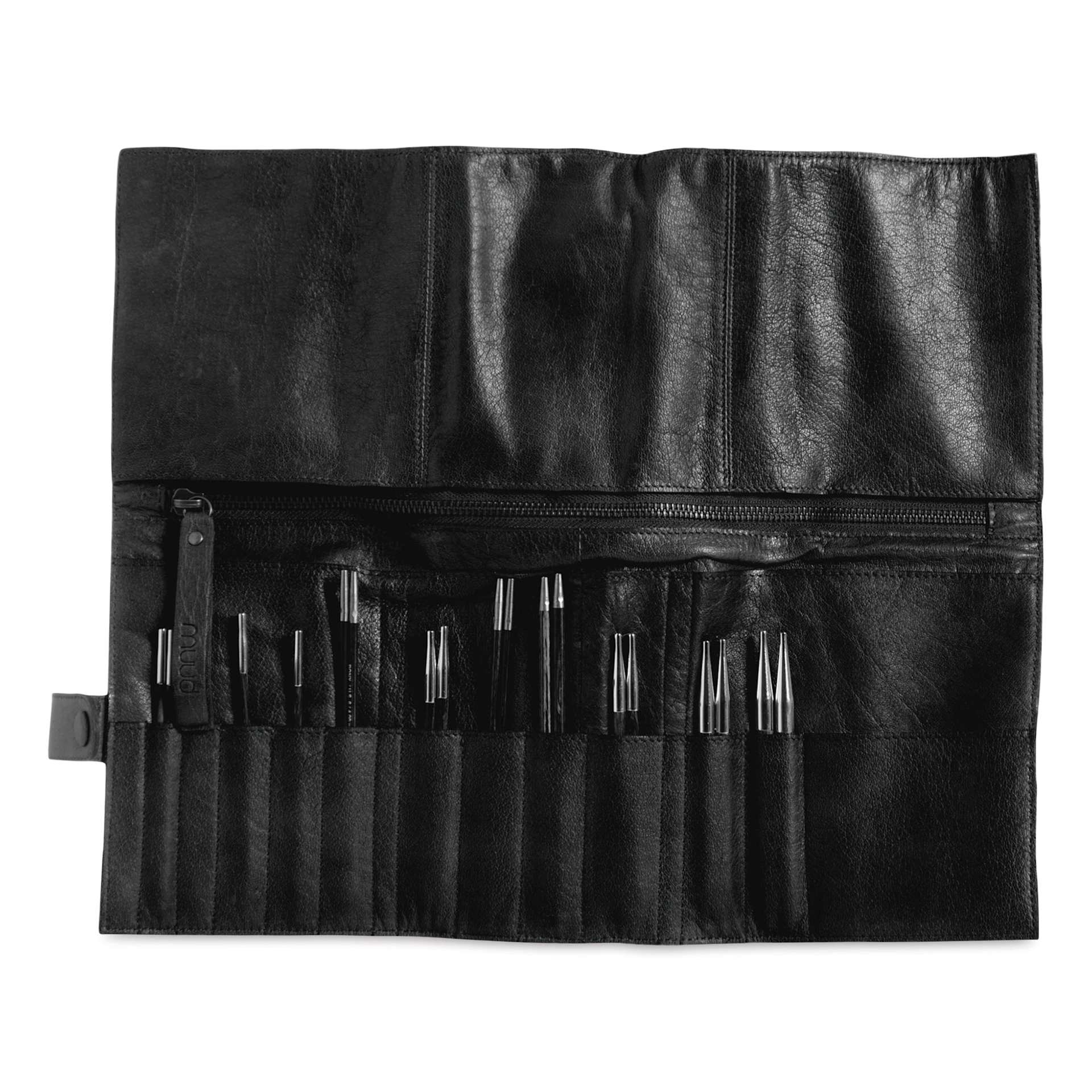 Muud Stockholm Leather Knitting Needle Case - Black - rolled out and holding materials (not included)