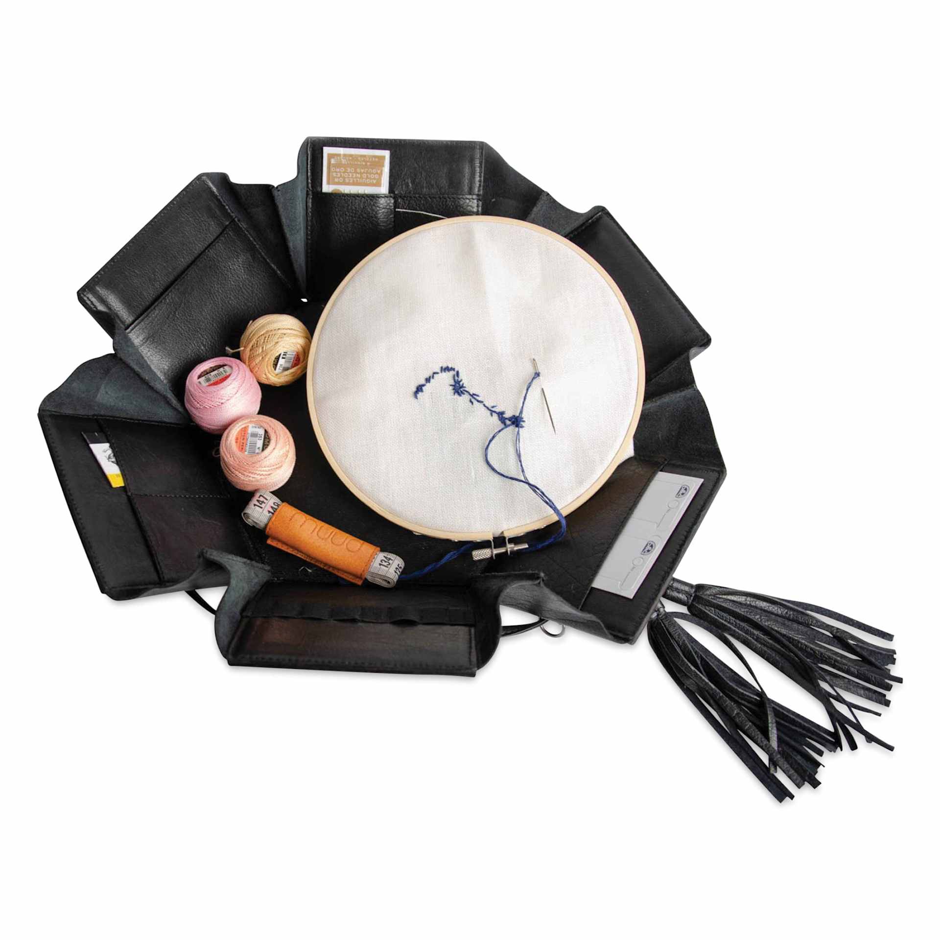 Muud Evita Leather Storage Box - Black - top view, loosened and holding materials (not included)