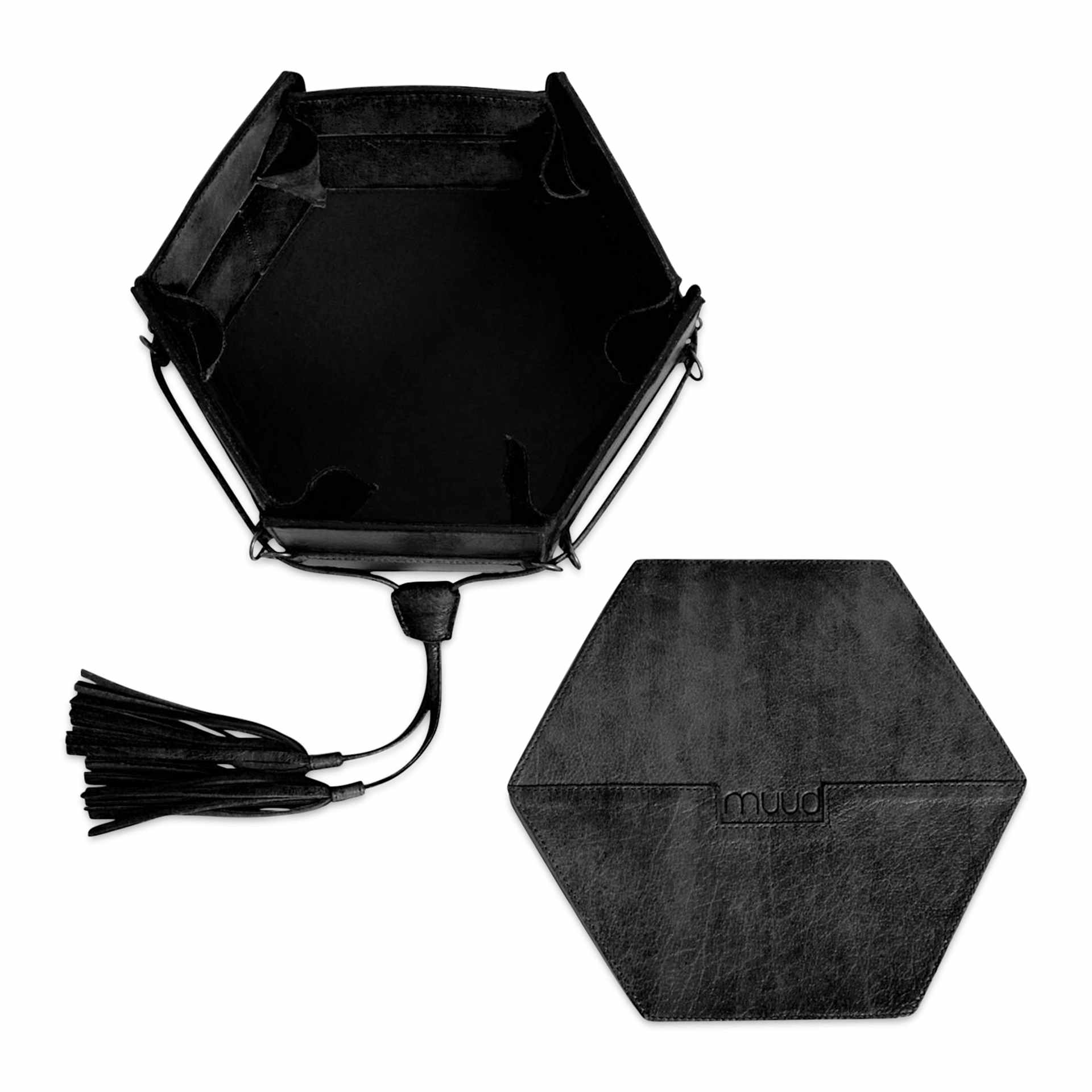 Muud Evita Leather Storage Box - Black - top view, with lid off and to the side of box