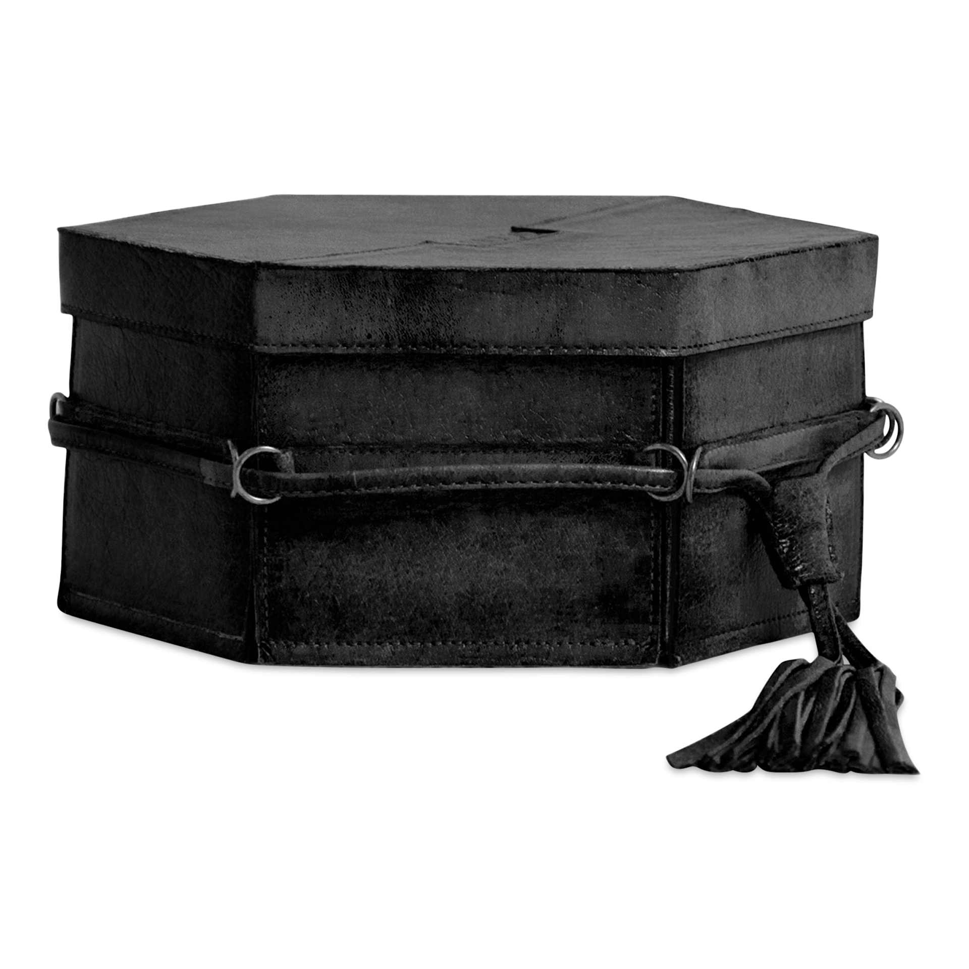Muud Evita Leather Storage Box - Black - closed and tightened, side