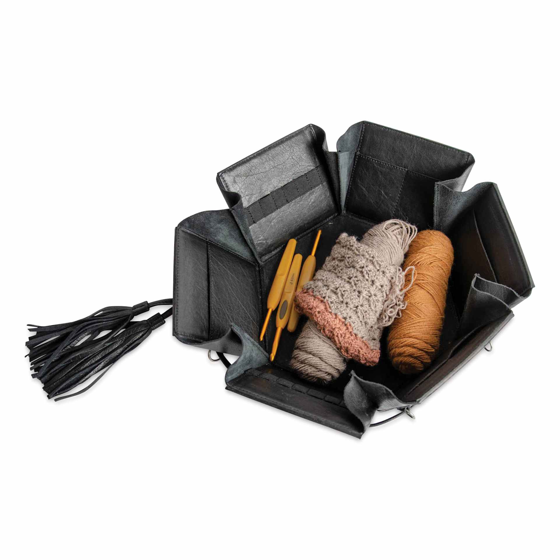 Muud Evita Leather Storage Box - Black - angled top view, loosened and holding materials (not included)