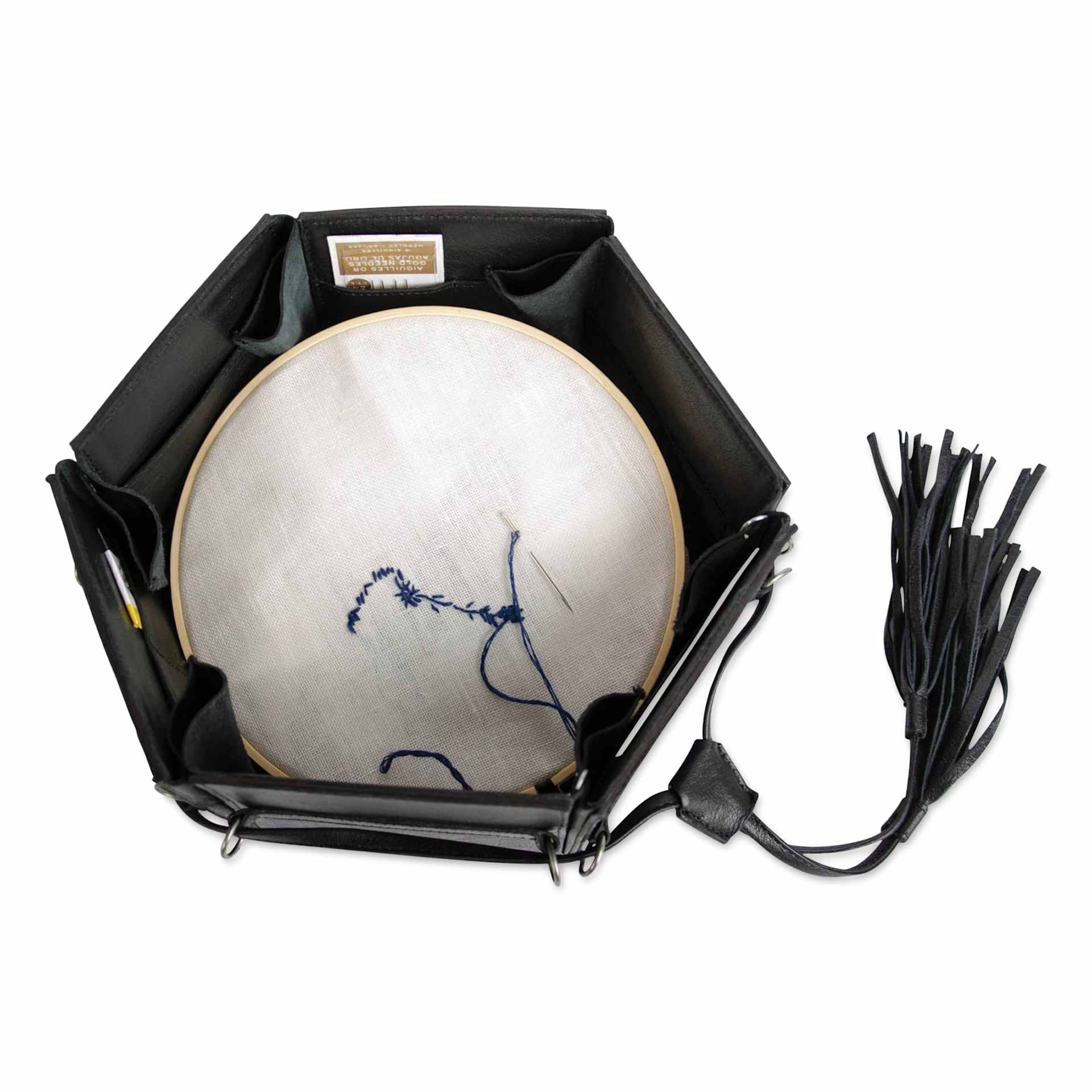 Muud Evita Leather Storage Box - Black - top view, holding embroidery project (not included)