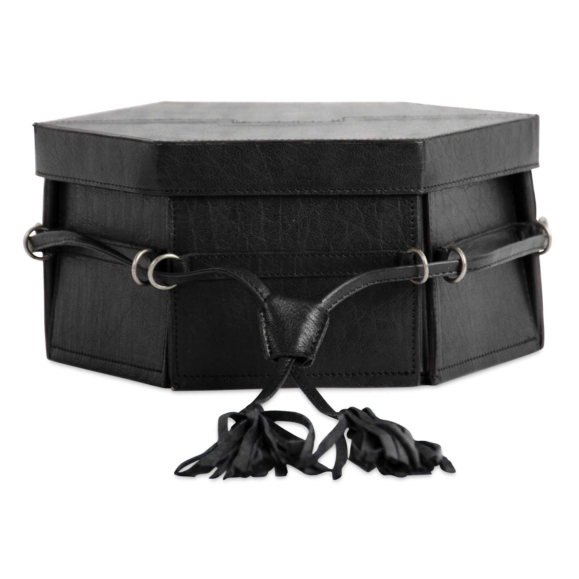 Muud Evita Leather Storage Box - Black - closed and tightened, front