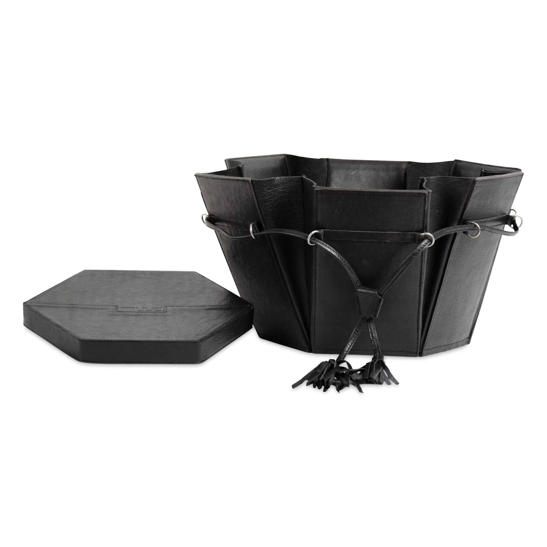Muud Evita Leather Storage Box - Black, XL - loosened with lid off to the side of box
