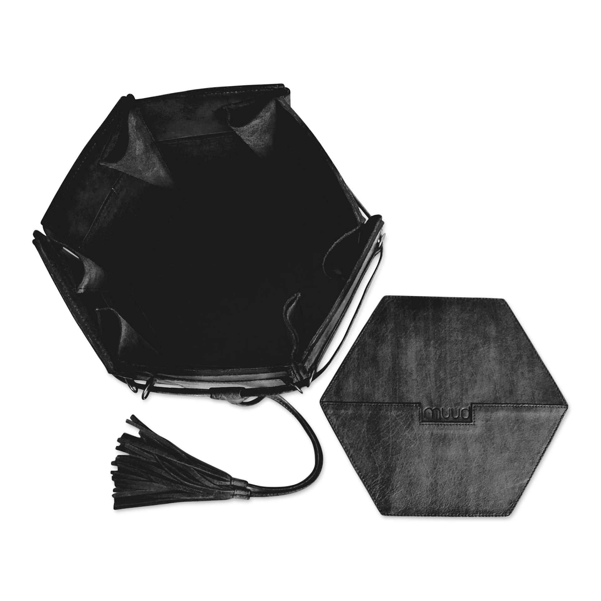 Muud Evita Leather Storage Box - Black, XL - top view, with lid off and to the side of box