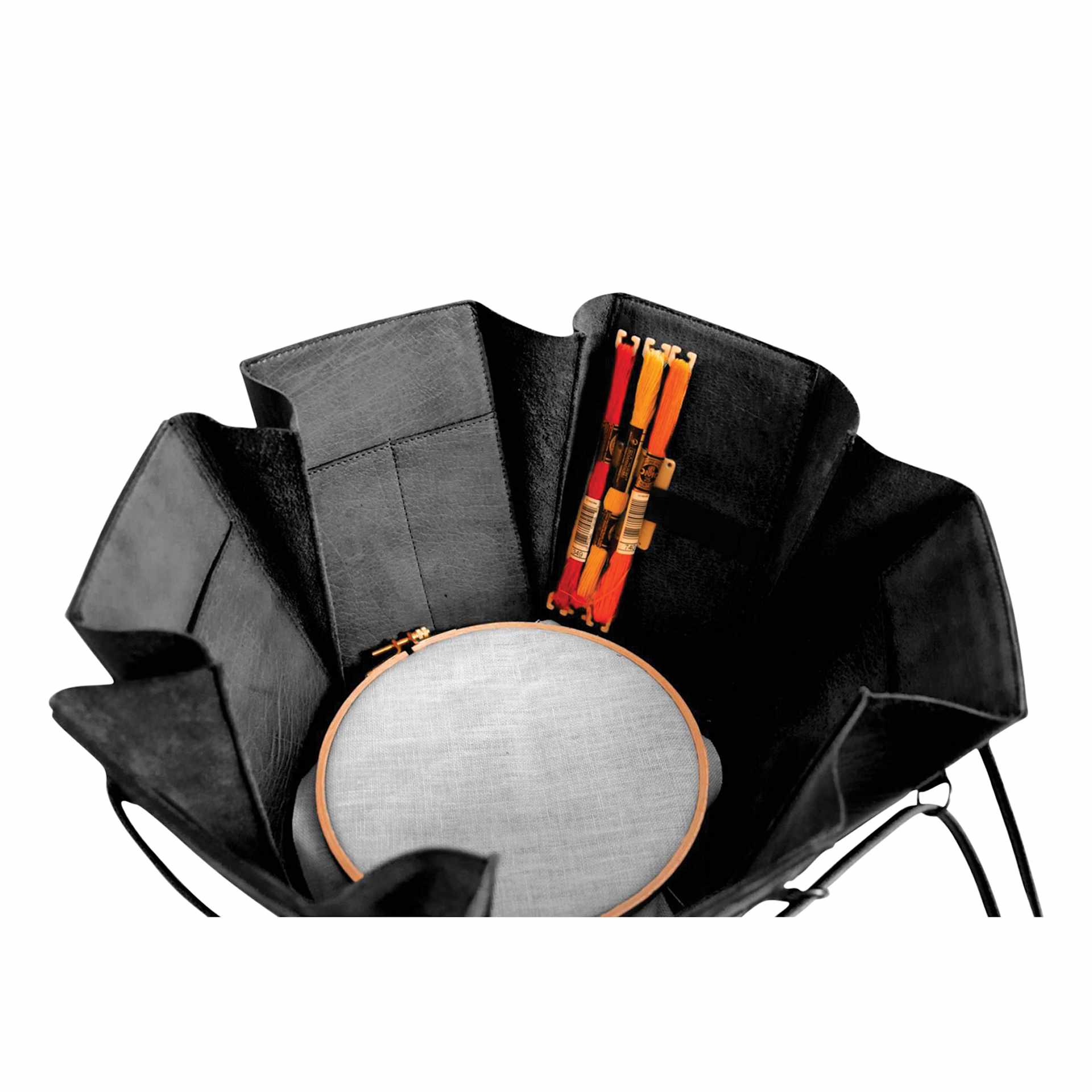 Muud Evita Leather Storage Box - Black, XL - holding embroidery project materials (not included)