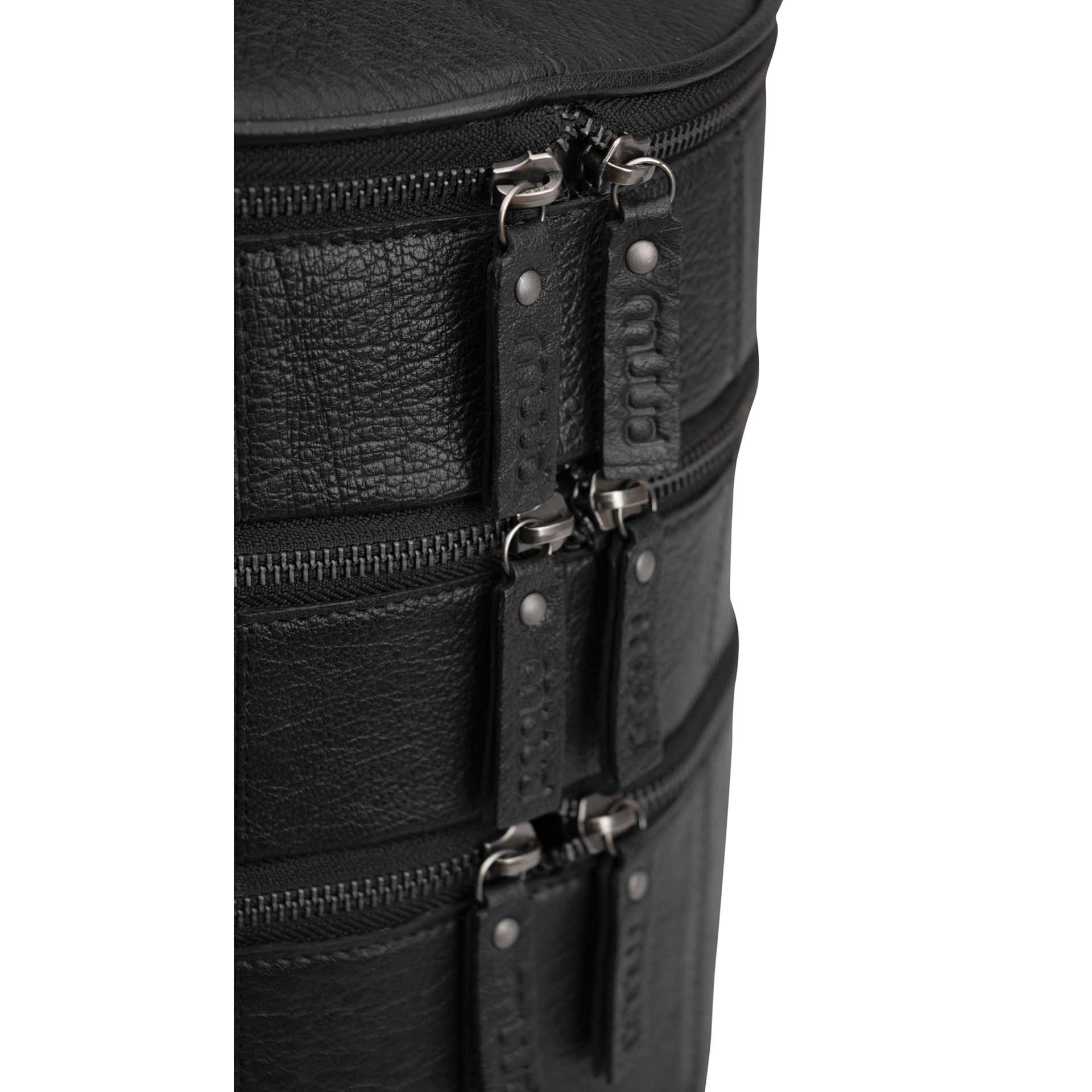 Muud Bturn Leather Needlework Project Bag - Black - close-up of zipper tags