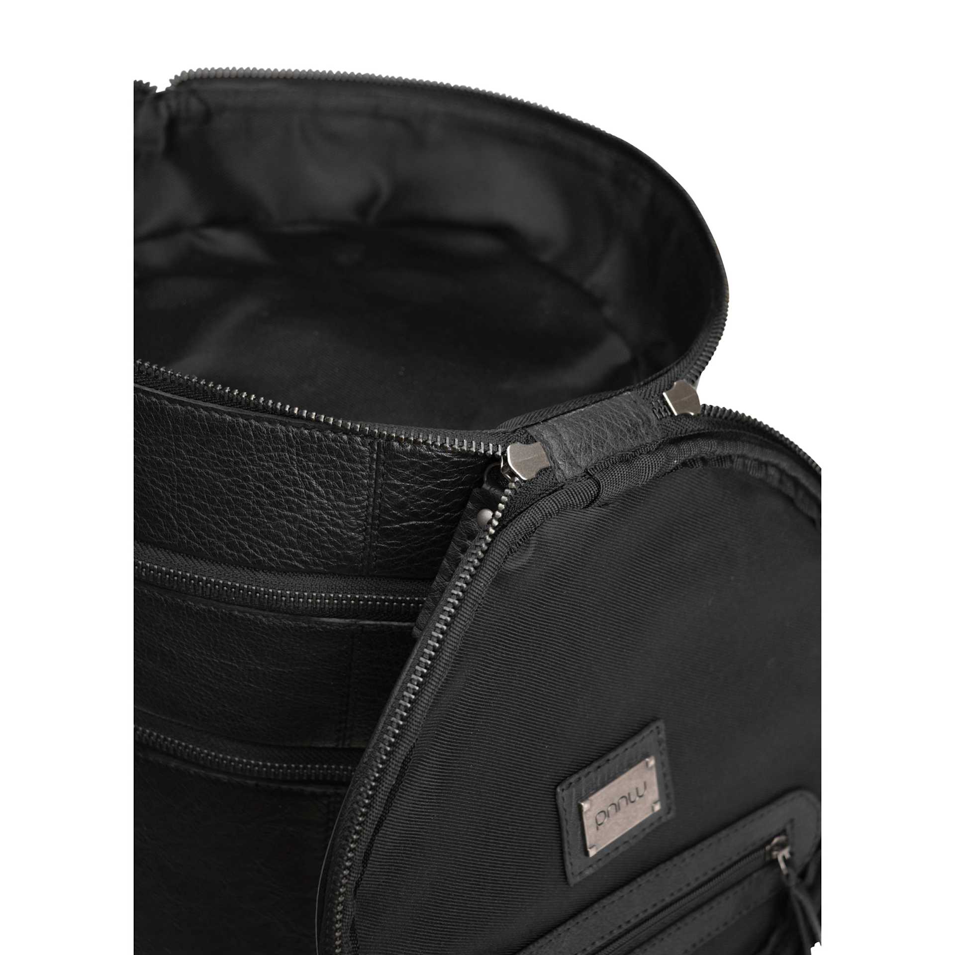 Muud Bturn Leather Needlework Project Bag - Black - close-up of open zipper and lid underside
