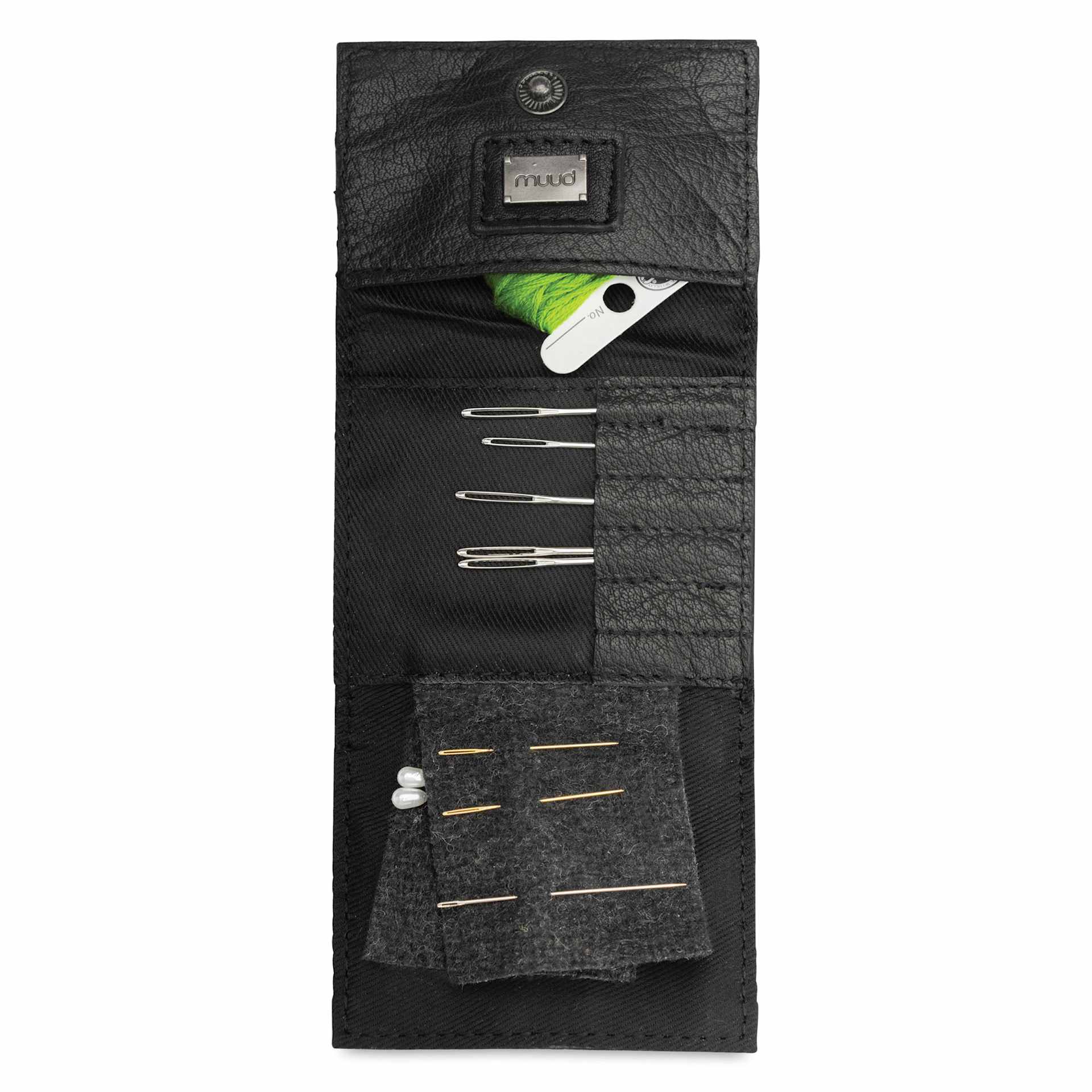 Muud Carla Foldable Leather Sewing Needle Case - Black - laid out, top view (materials not included)