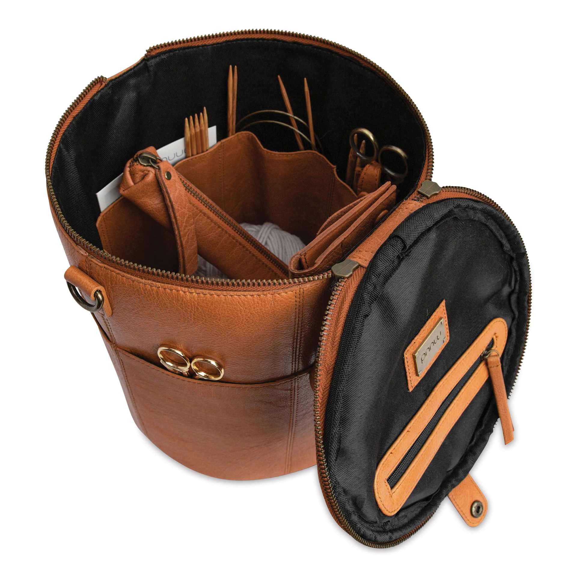 Muud Saturn XL Leather Needlework Project Bag - Brown - open, holding materials (not included)