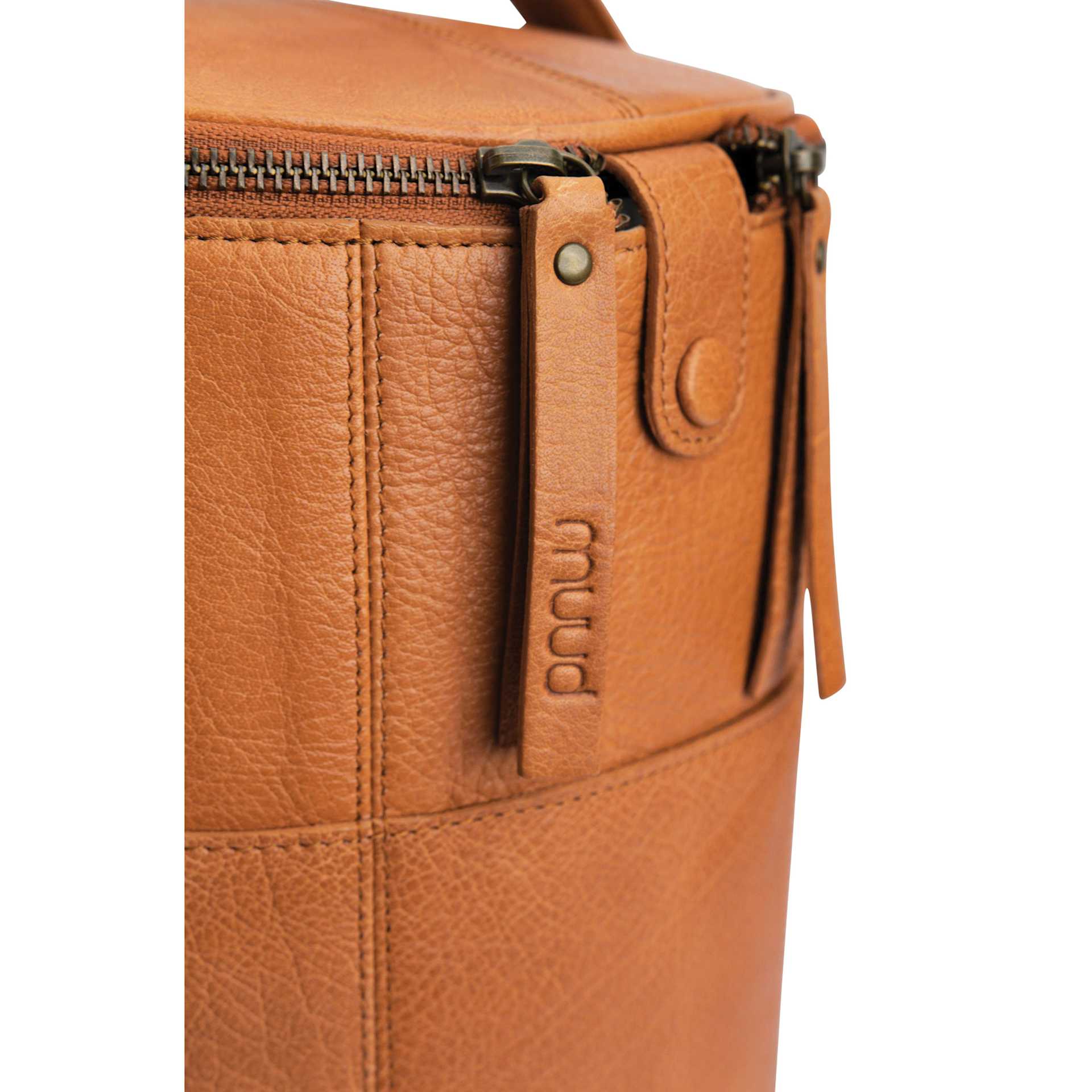 Muud Saturn XL Leather Needlework Project Bag - Brown - close-up of zipper tags