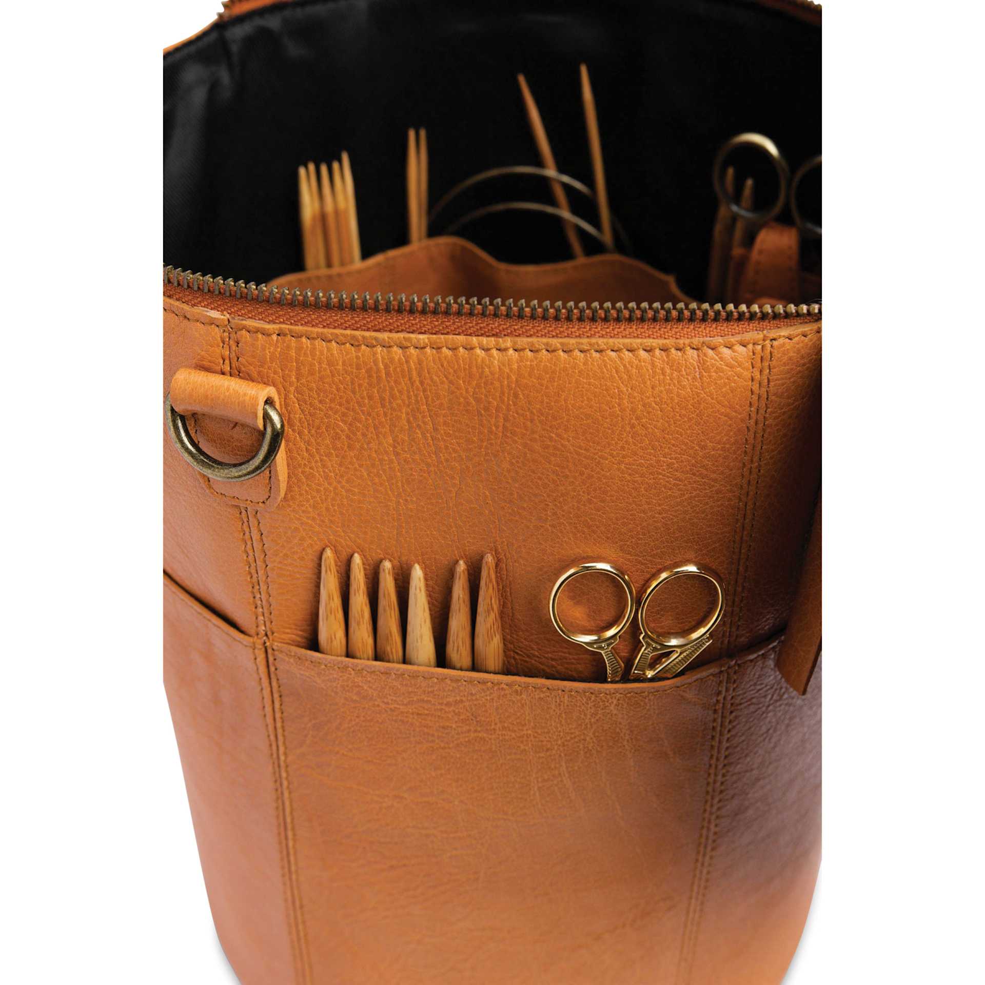 Muud Saturn XL Leather Needlework Project Bag - Brown - outside storing materials (not included)