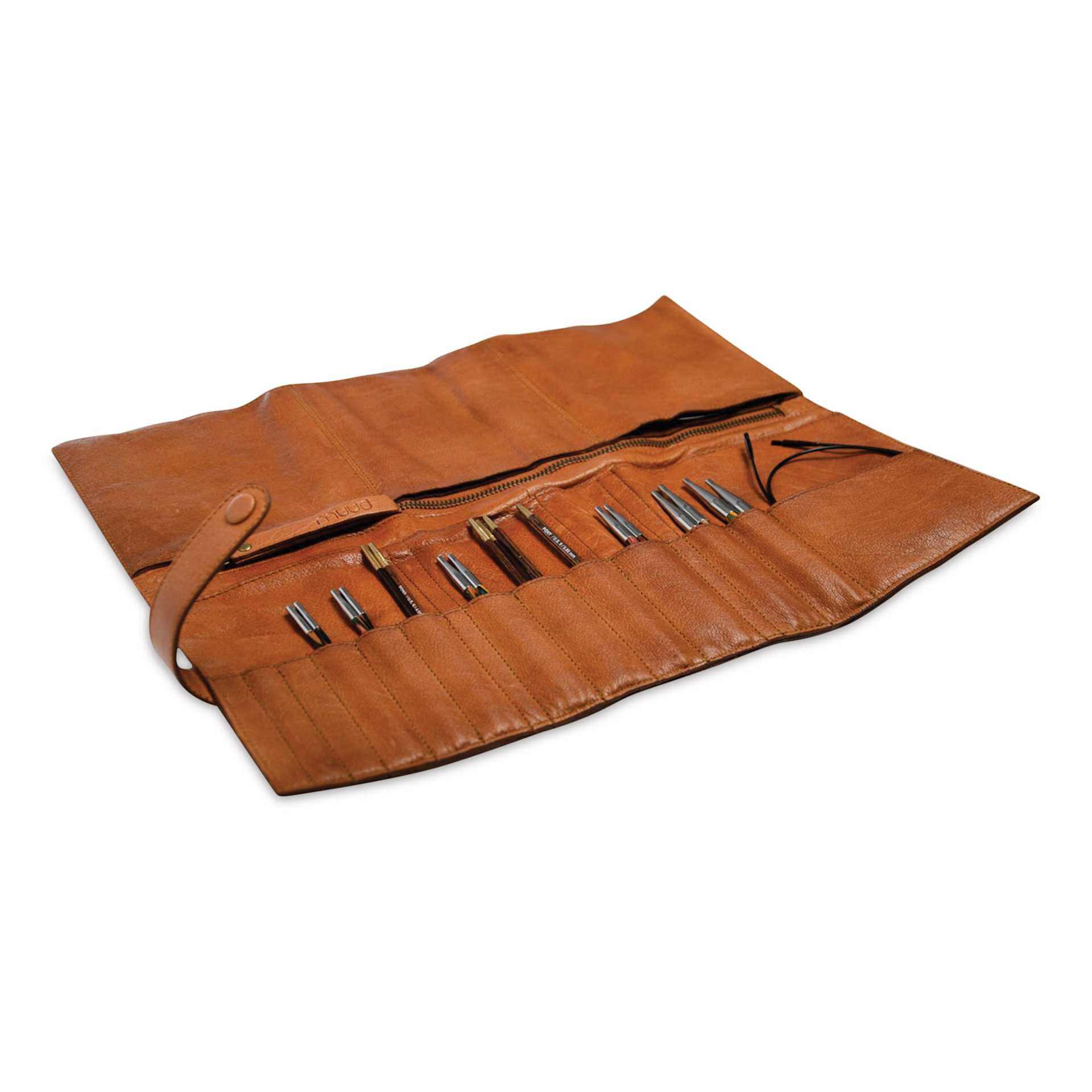 Muud Stockholm Leather Knitting Needle Case - Brown - lying flat and holding materials (not included)