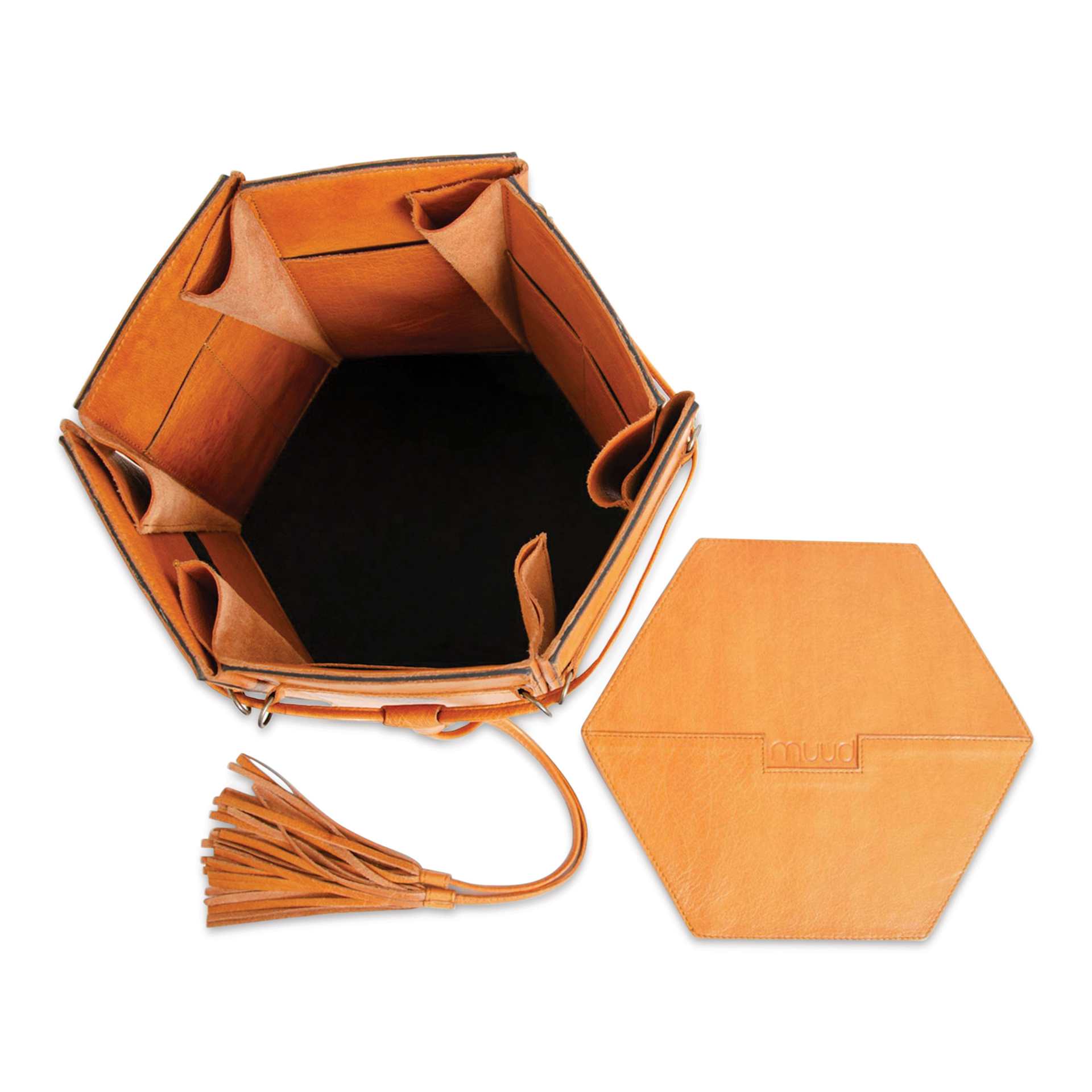 Muud Evita Leather Storage Box - Brown, XL - top view, with lid off to the side of box