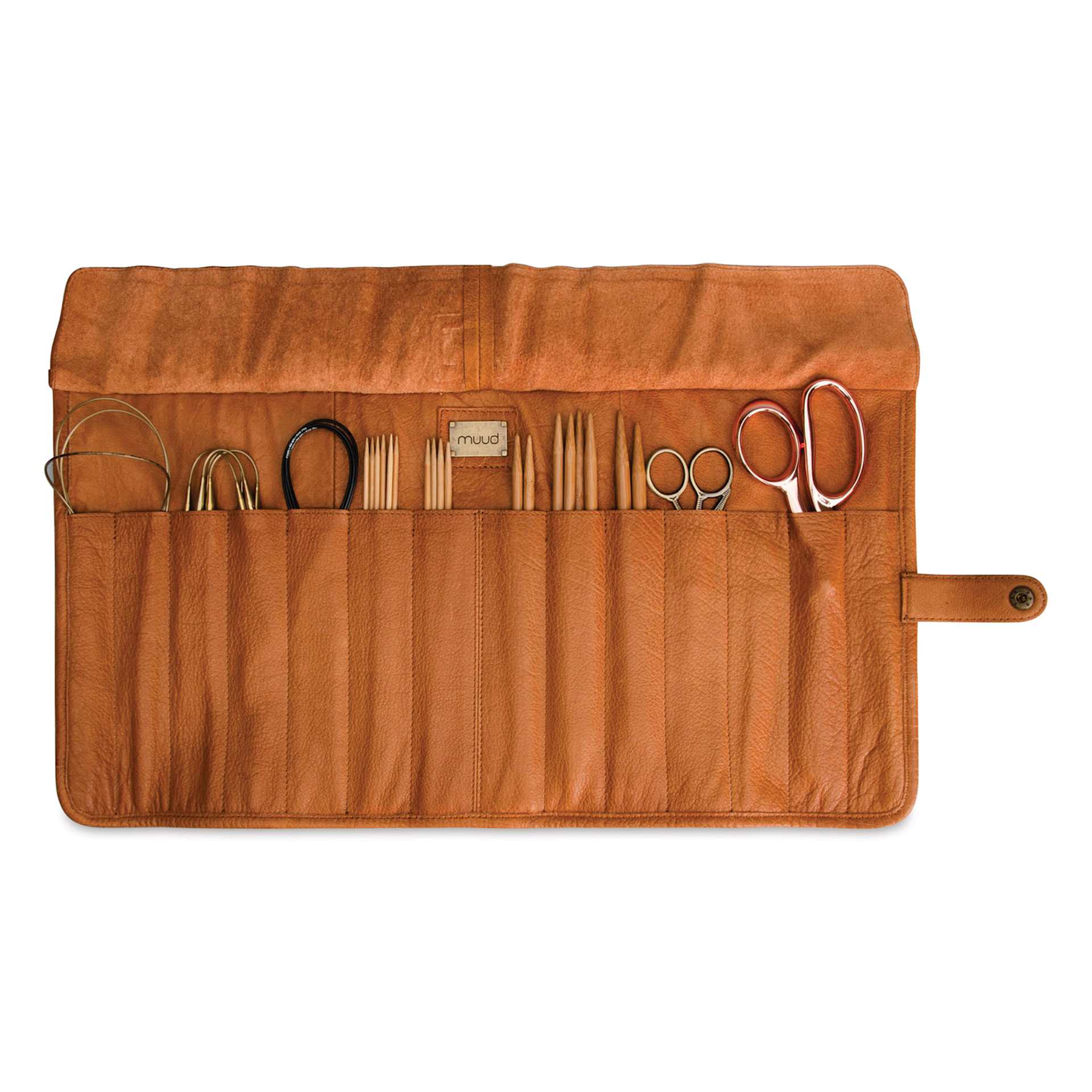 Muud Bea Roll-Up Leather Knitting Needle Case - Brown - unrolled, holding materials (not included)
