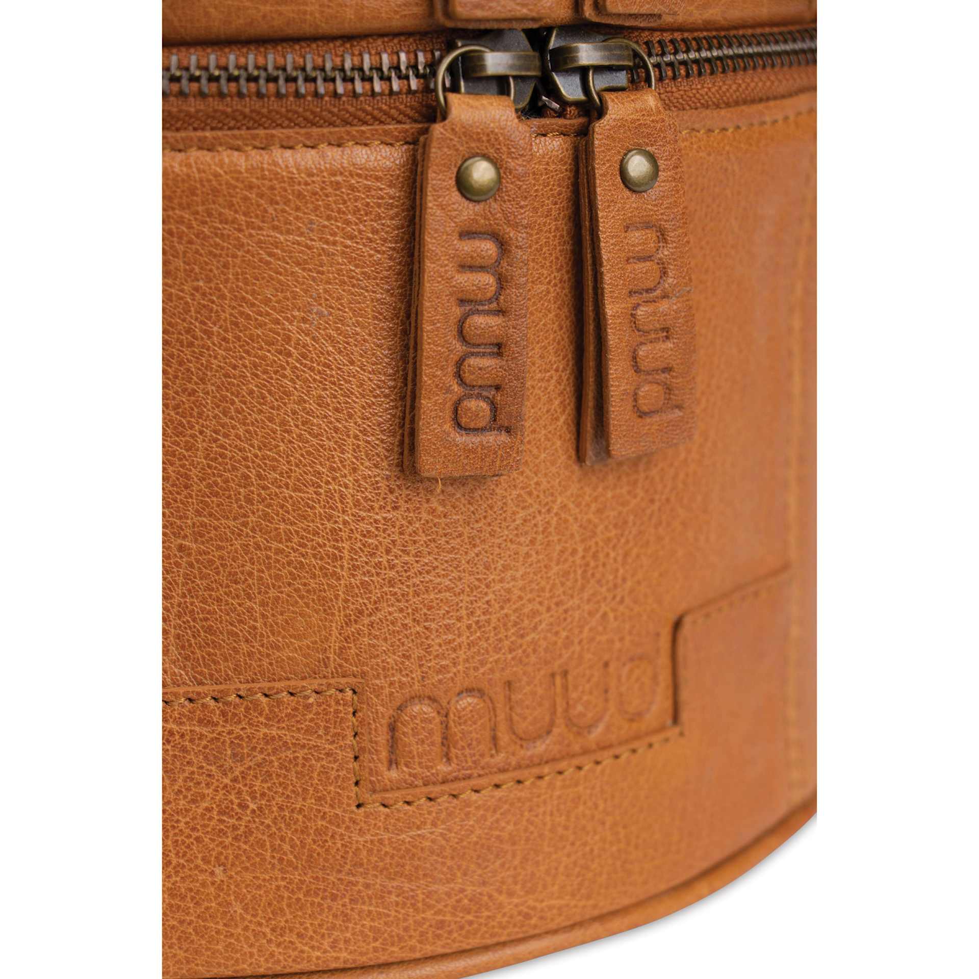 Muud Bturn Leather Needlework Project Bag - Brown - close-up of zipper tags