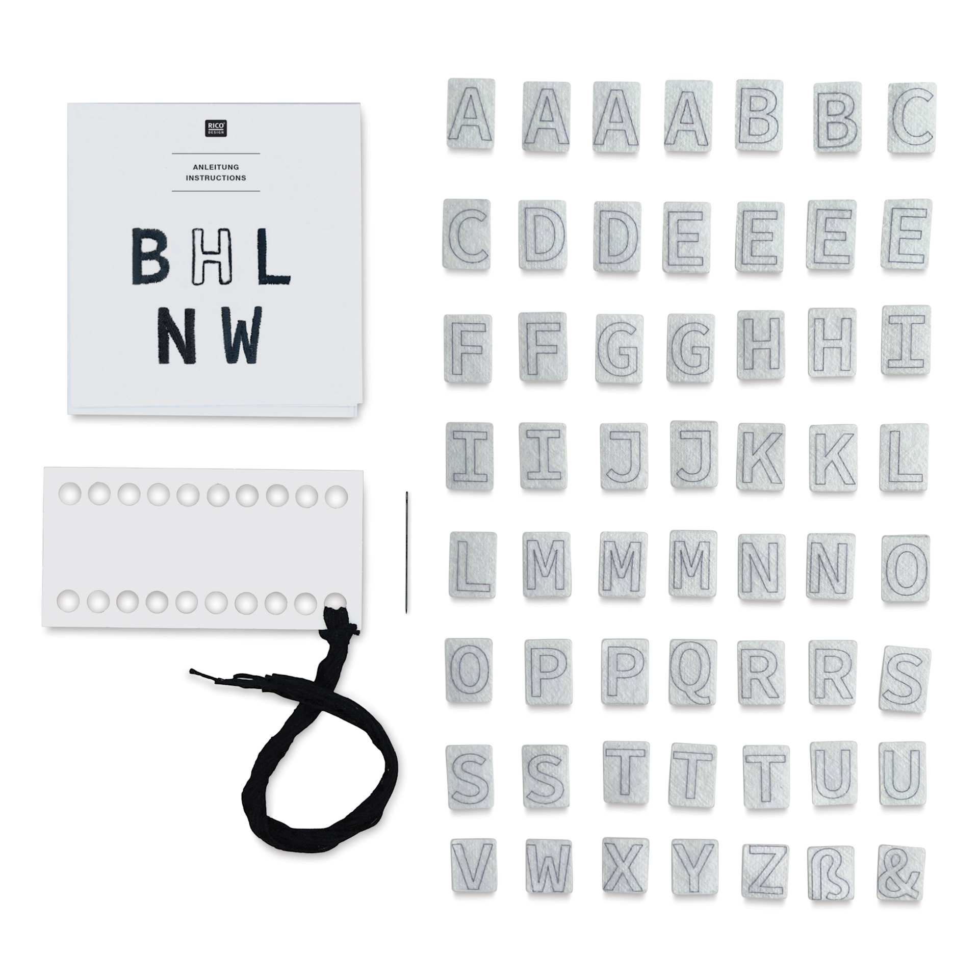 Rico Design Stick and Stitch Embroidery Kit - Pkg of 56, Blank Alphabet contents