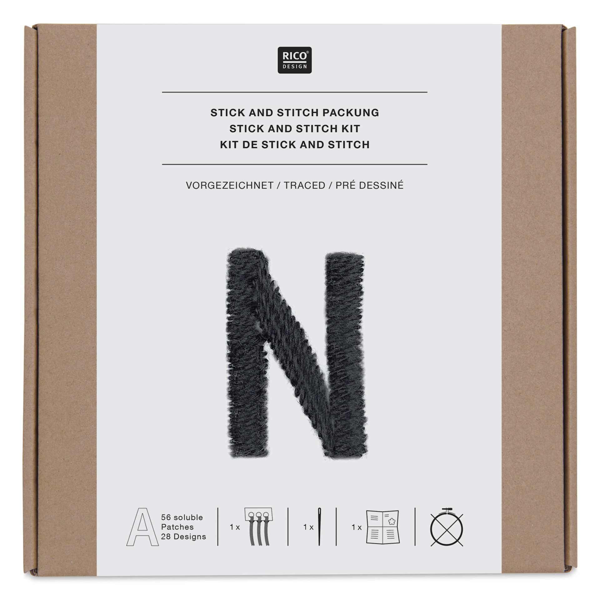 Rico Design Stick and Stitch Embroidery Kit - Pkg of 56, Blank Alphabet front of packaging