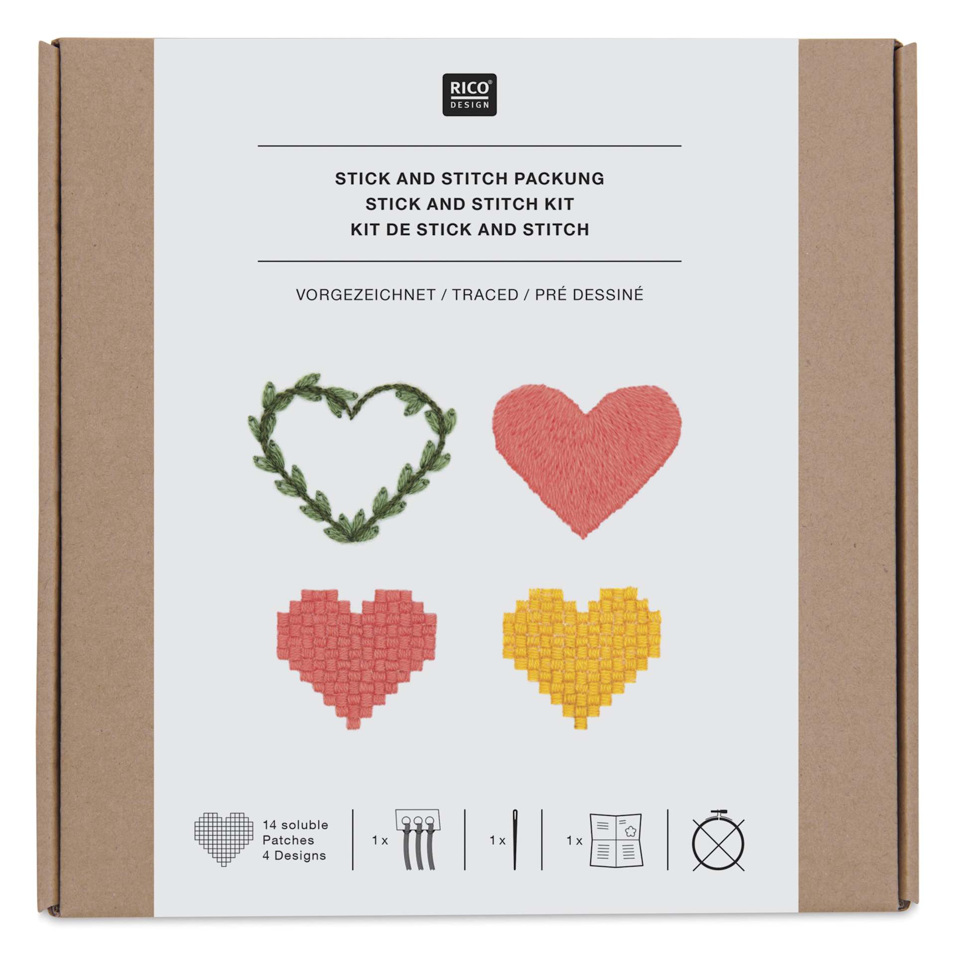 Rico Design Stick and Stitch Embroidery Kit - Pkg of 14, Pixel Art Hearts front of packaging