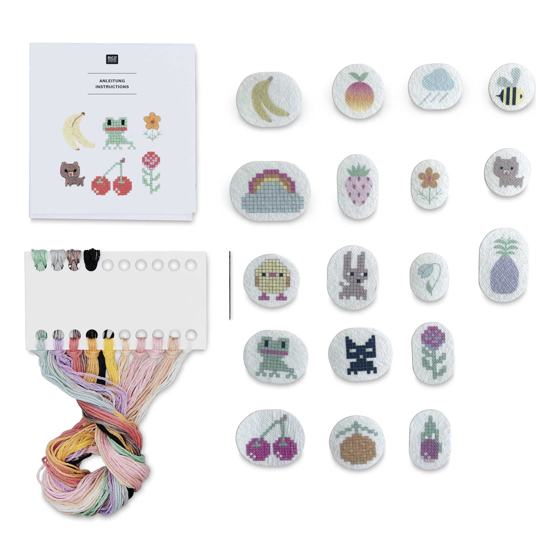 Rico Design Stick and Stitch Embroidery Kit - Pkg of 18, Pixel Art Mix contents