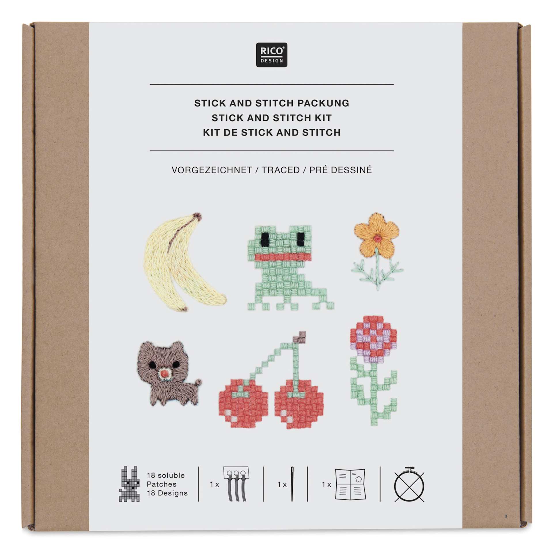 Rico Design Stick and Stitch Embroidery Kit - Pkg of 18, Pixel Art Mix front of packaging