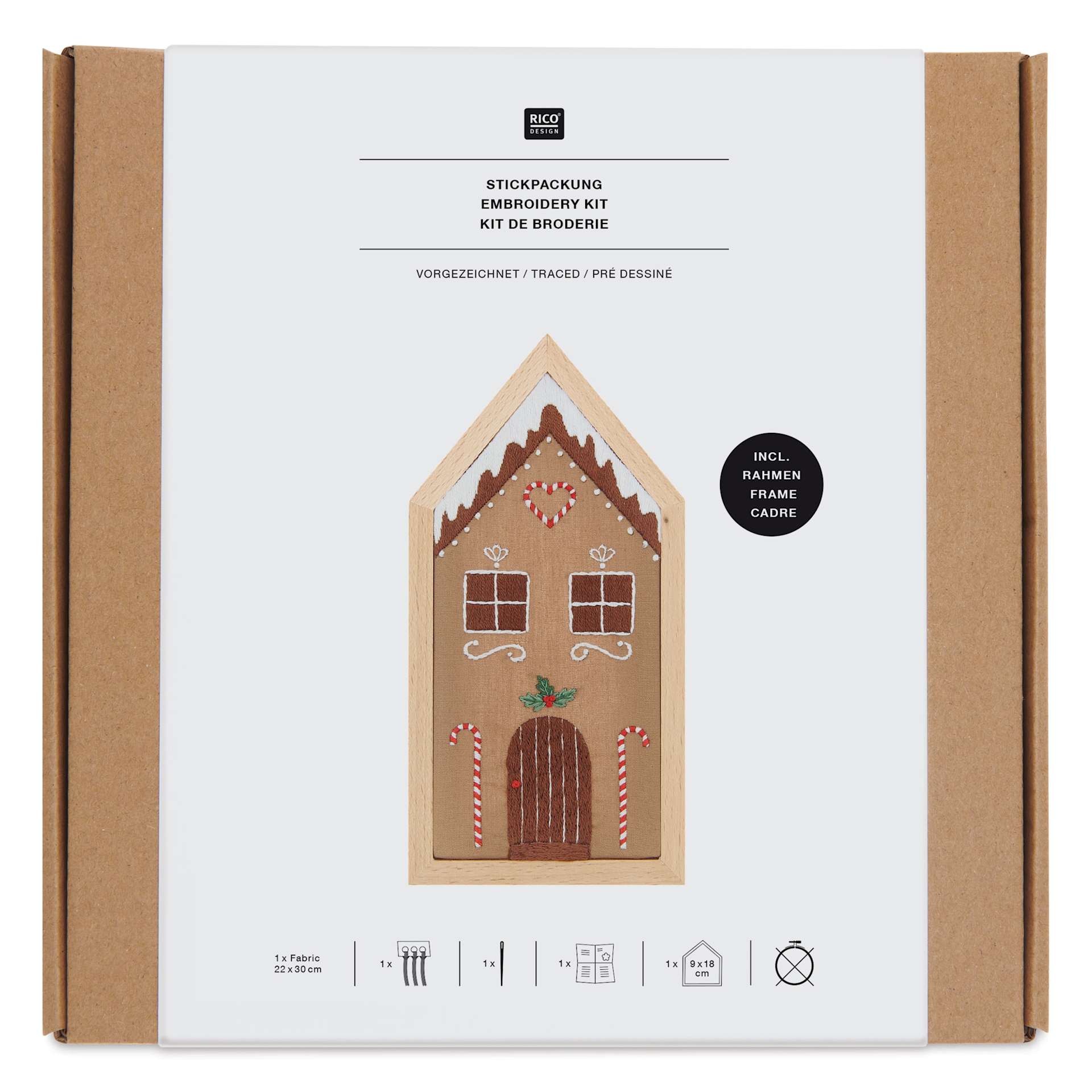 Rico Design Embroidery House Kit - Gingerbread House front of packaging