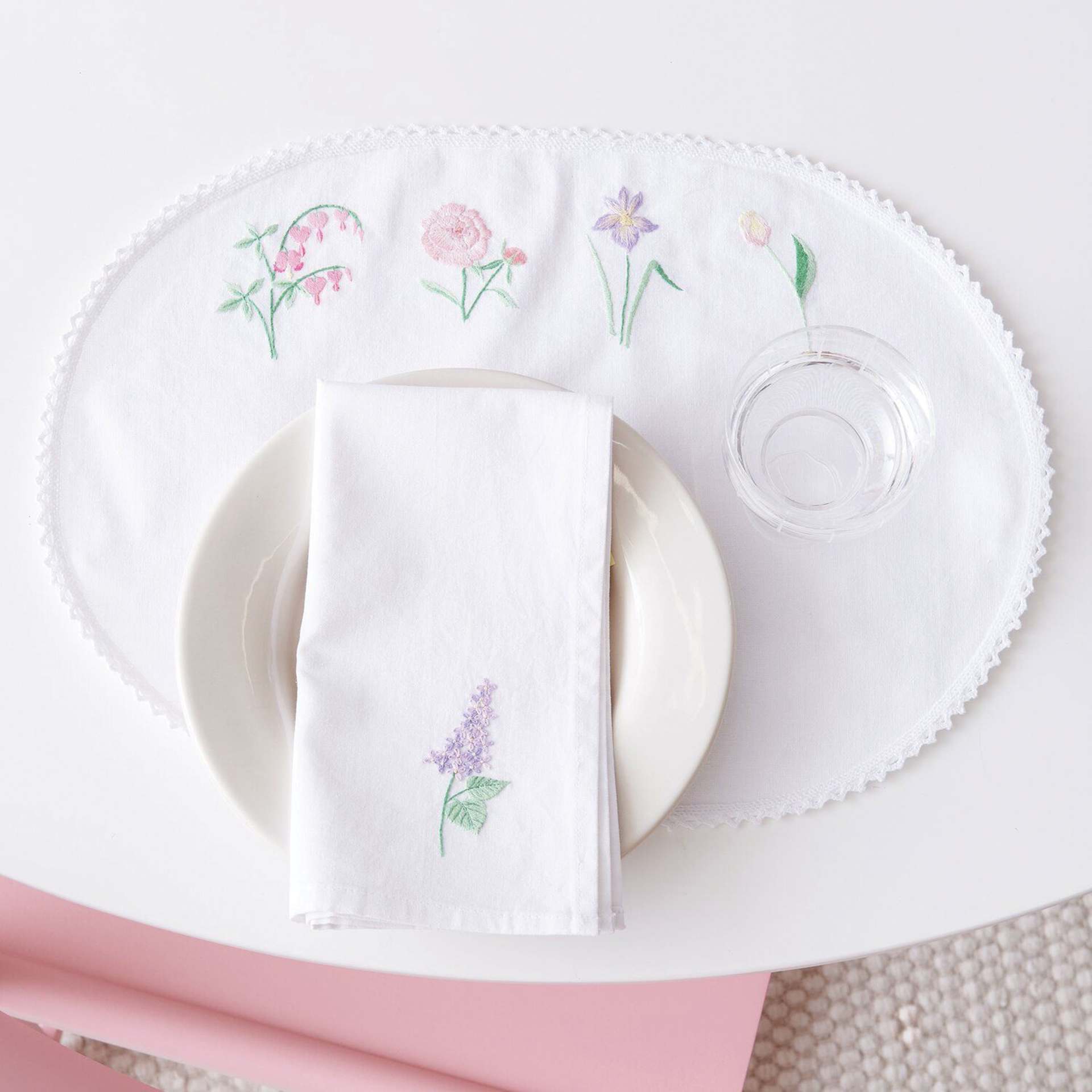 Rico Design Stick and Stitch Embroidery Kit - Pkg of 8, Flowers applied to dinner mat and napkin