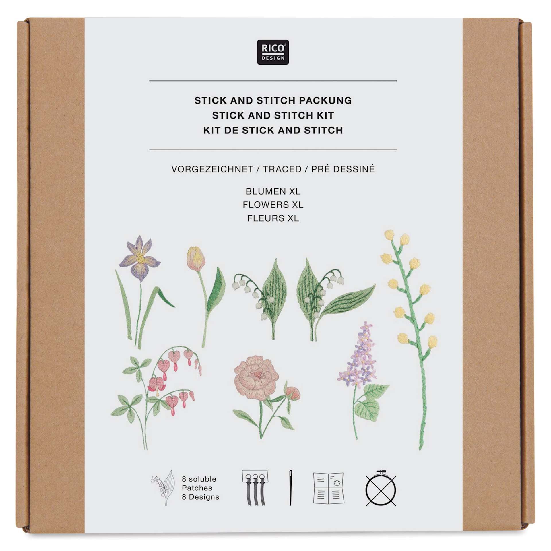 Rico Design Stick and Stitch Embroidery Kit - Pkg of 8, Flowers front of packaging