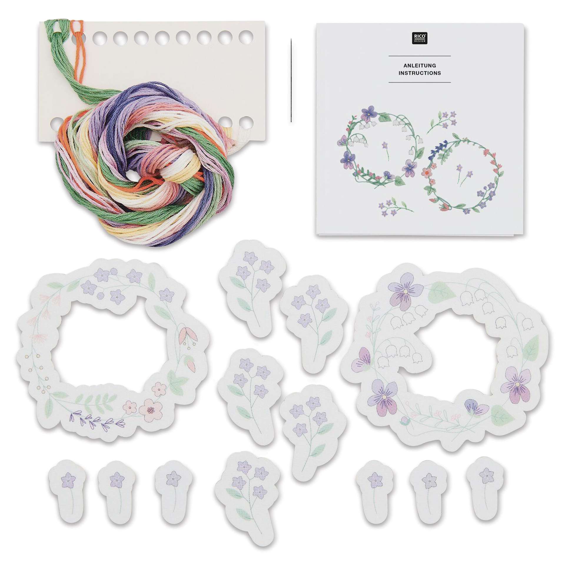 Rico Design Stick and Stitch Embroidery Kit - Pkg of 13, Flower Wreaths contents
