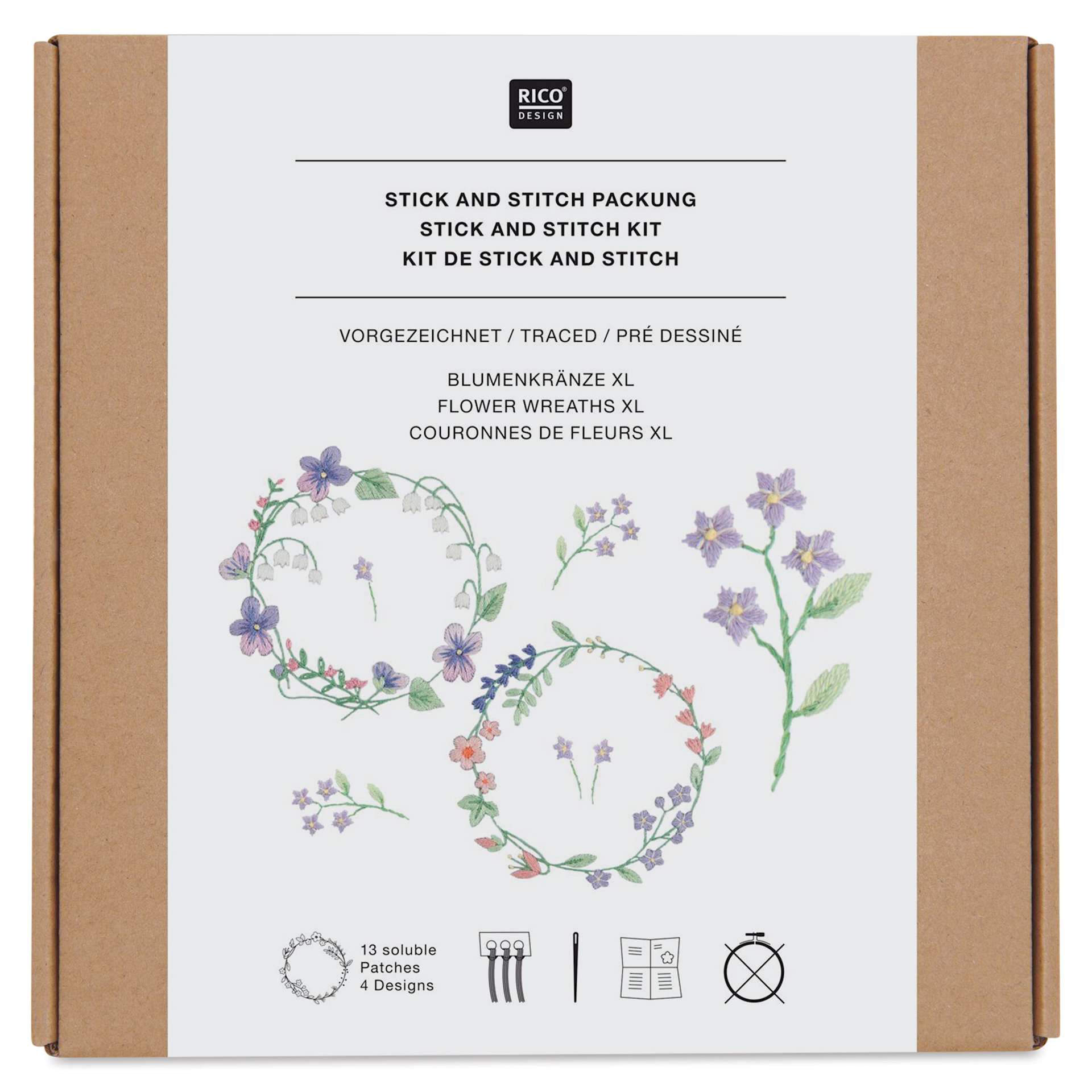 Rico Design Stick and Stitch Embroidery Kit - Pkg of 13, Flower Wreaths